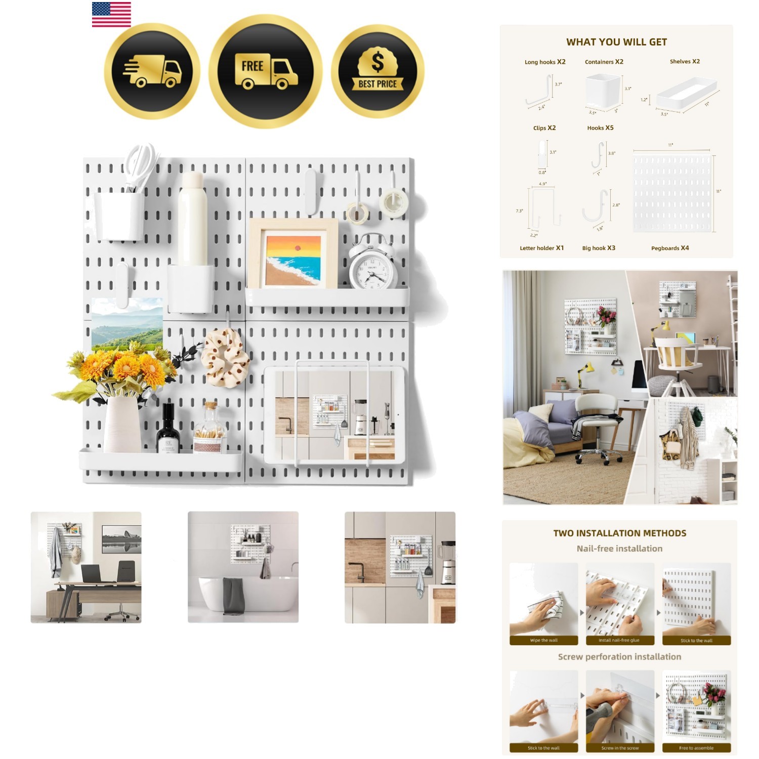 Pegboard Combination Wall Organizer Kit, 4 Pieces Pegboards and 17 Accessorie…