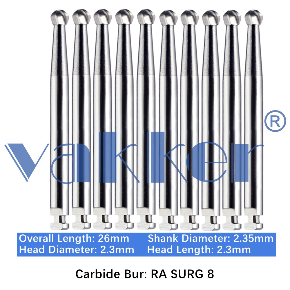 10/Pk Dental Surgical Round Carbide Burs 26mm Latch Slow Speed RA SURG 2 4 6 8