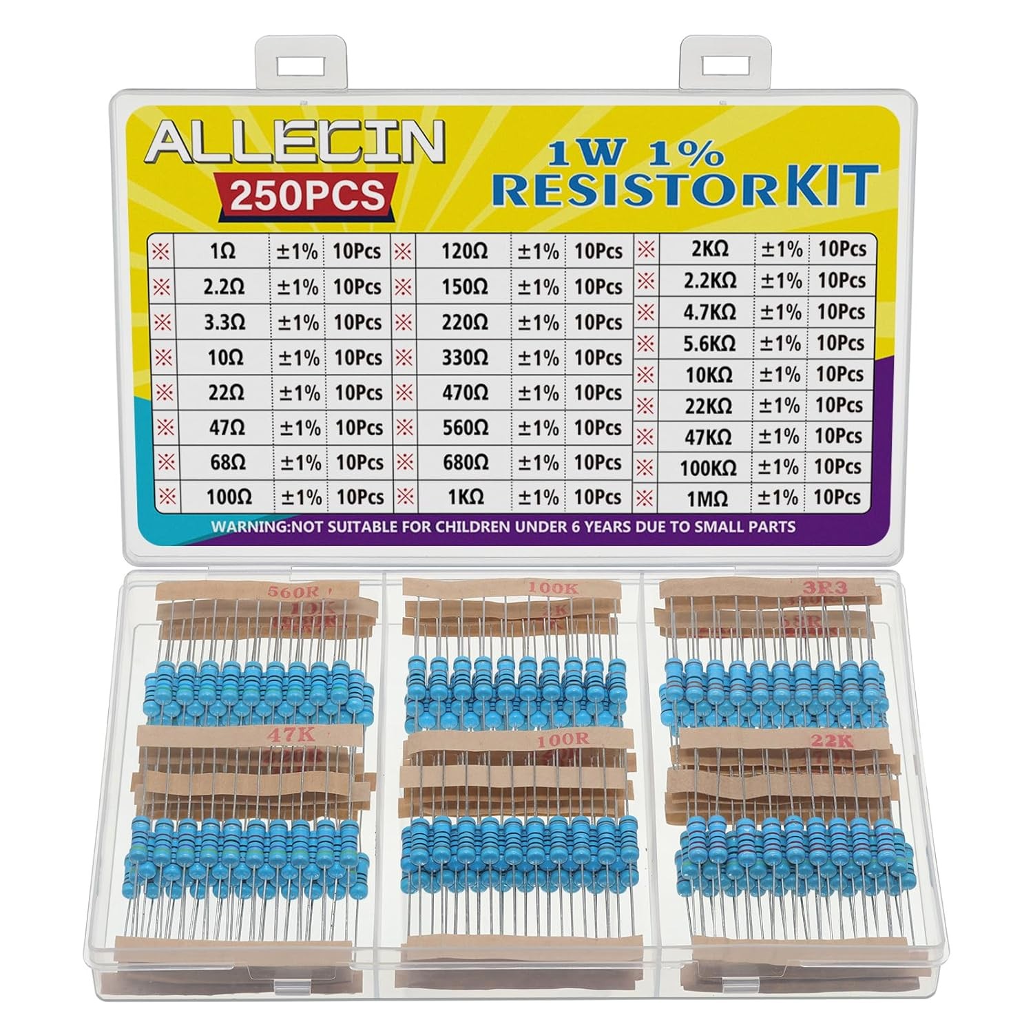 25 Values 1W Metal Film Resistor Kit from 1 Ohm to 1M Ohm 1 Watt 1% Resistors
