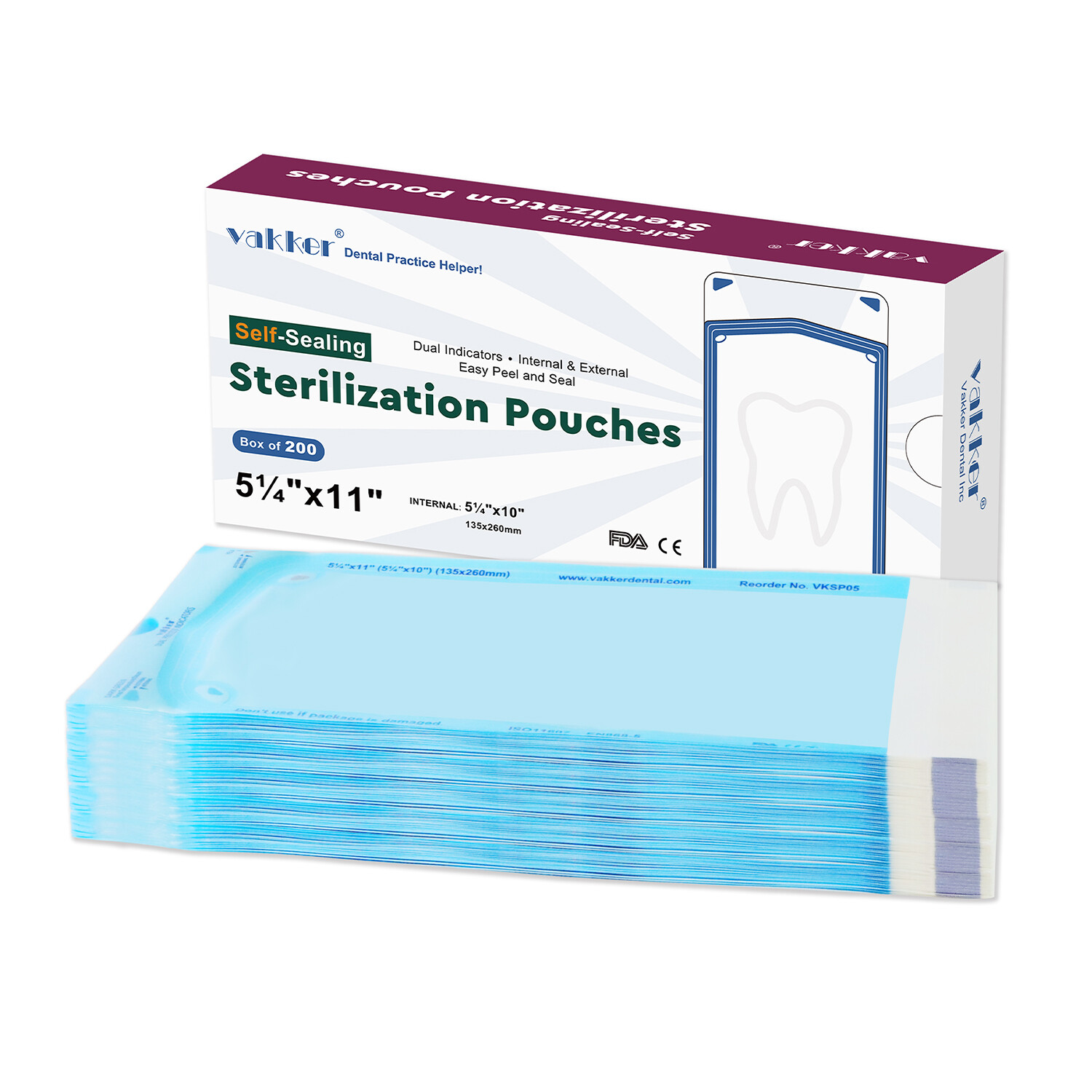 Vakker 200pcs 5.25″ x 11″ Self Sealing Sterilization Pouches Autoclave Bag