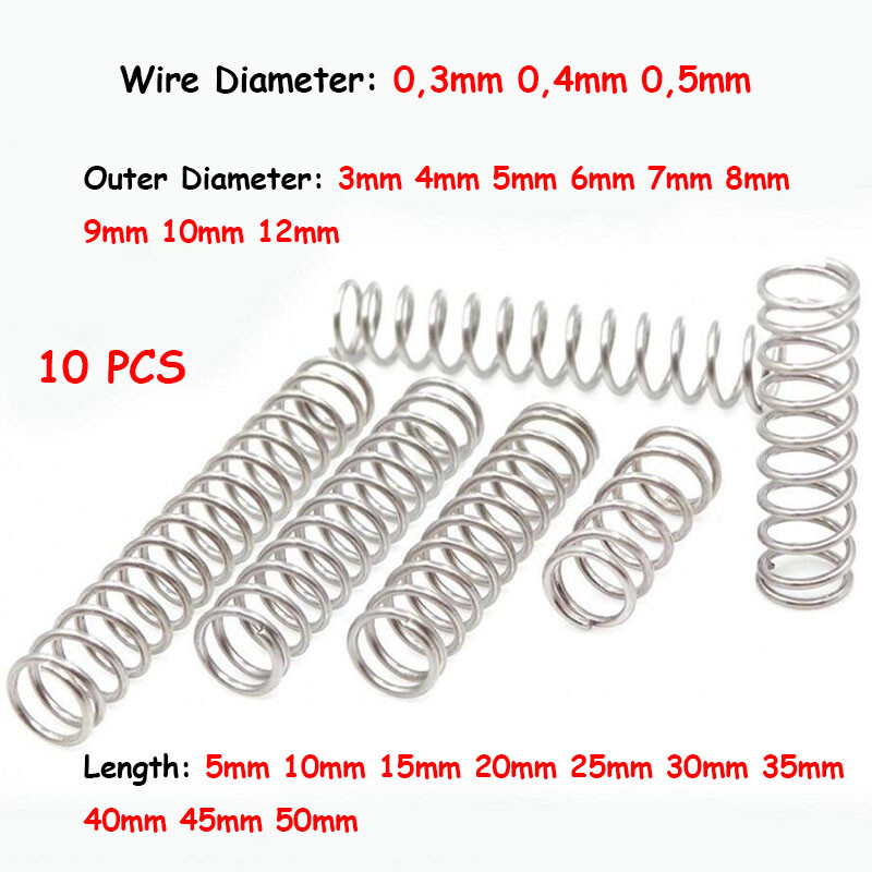 0.3mm-0.5mm Pressure Spring OD 3-12mm Stainless Steel 304 Springs Length 5-50mm