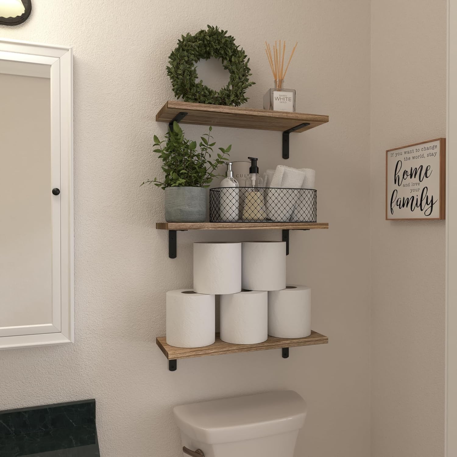 Rustic Farmhouse Wood Floating Shelves Wall Mounted Storage Display Organizer