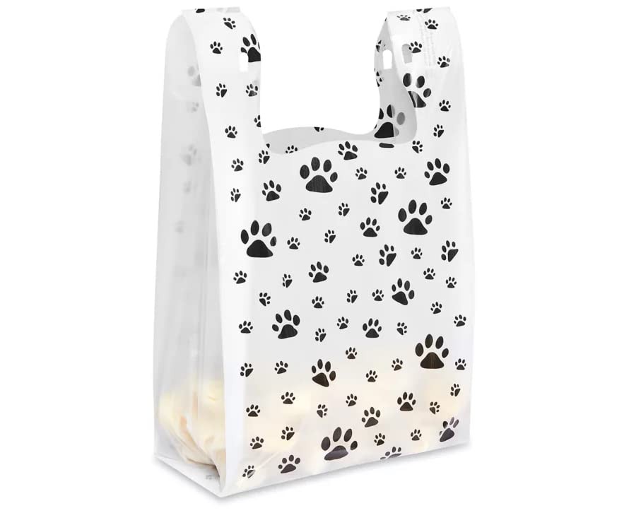 Paw Print Plastic Shopping Bags T-Shirt Handles Pet Store Retail 100 Pack