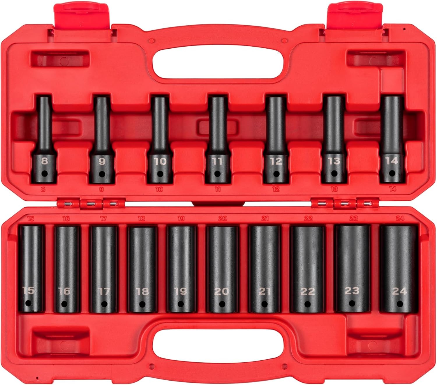 TEKTON 1/2 Inch Drive Deep 12-Point Impact Socket Set 17-Piece (8 – 24 mm)