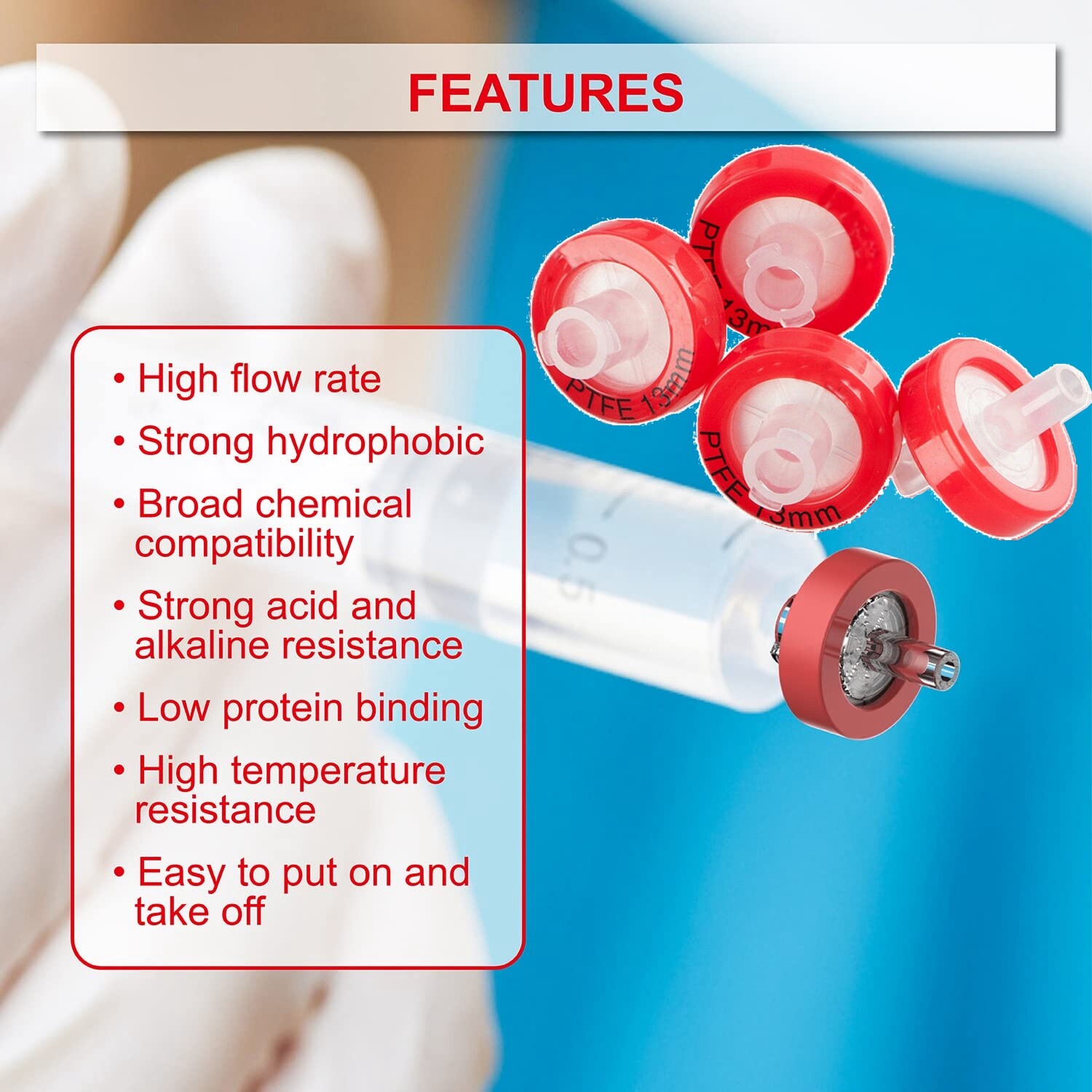 Laboratory PTFE Red Syring Filters Wheel Membrane Filtration 0.45μm 13mm