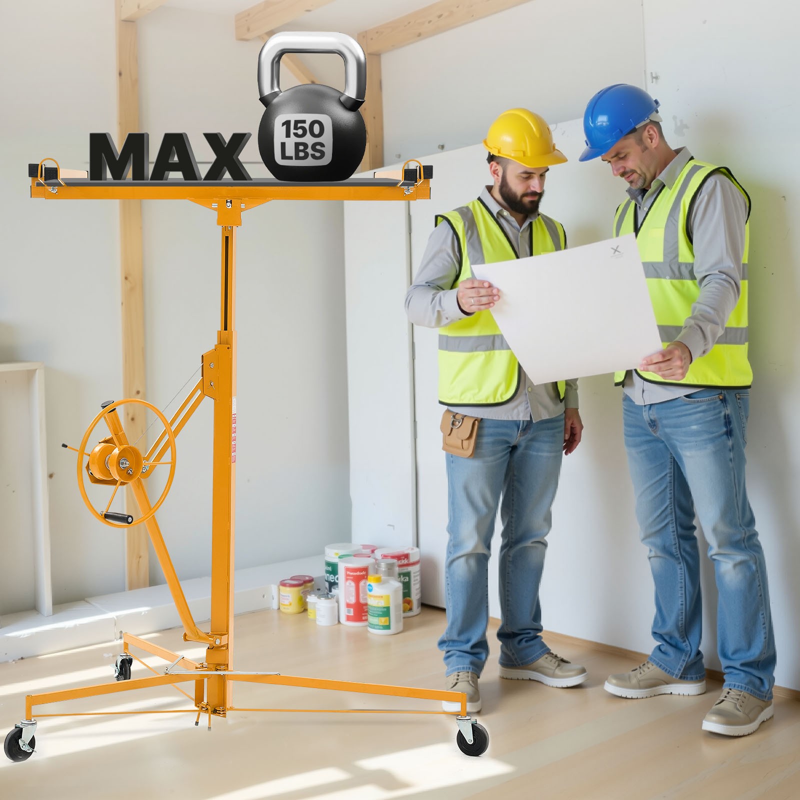 Uimoso 11Ft Drywall Lifter Sheetrock Hoist Lift Adjustable arm & Lockable Wheels