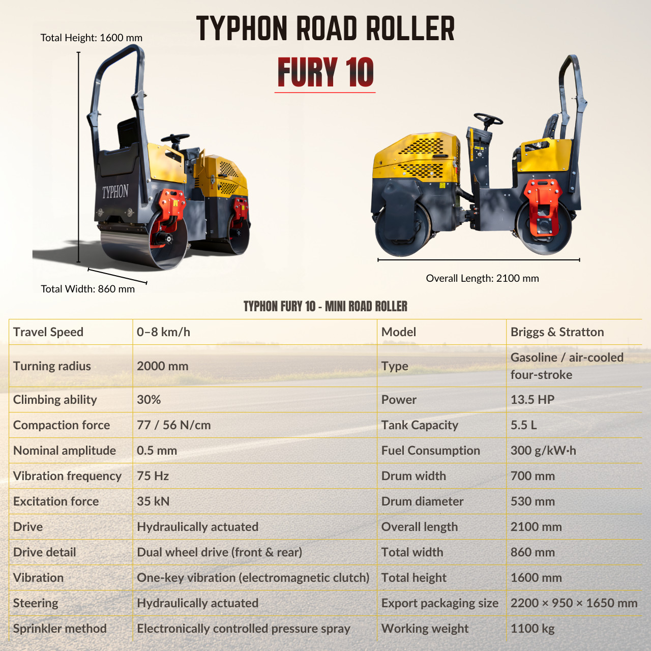 TYPHON Fury 10 Road Roller Compactor 1 Ton B&S 13.5hp Gas Soil Asphalt Rollers