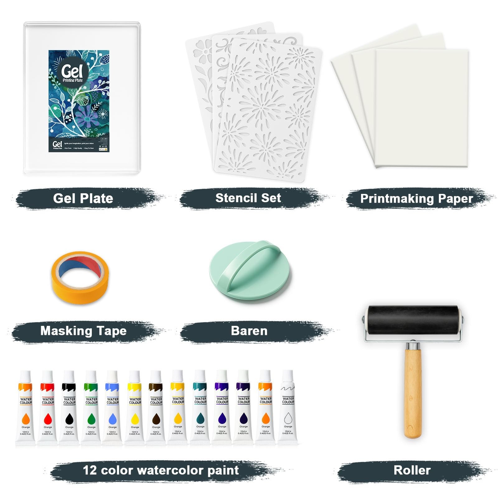 5×7 Inch Gel Plate Printing Kit Rubber Roller Watercolor Paints Stencils