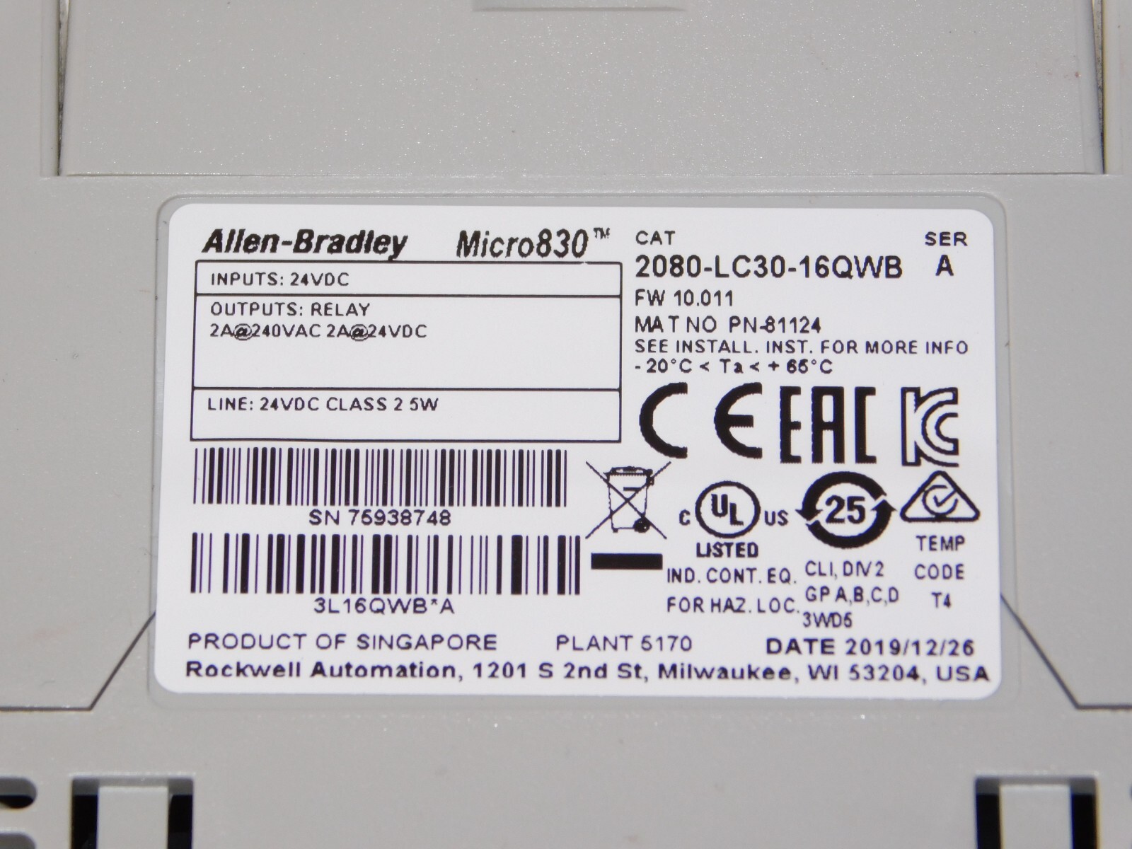 Allen Bradley 2080-LC30-16QWB Micro830 Controller I/O Module Rockwell Automation