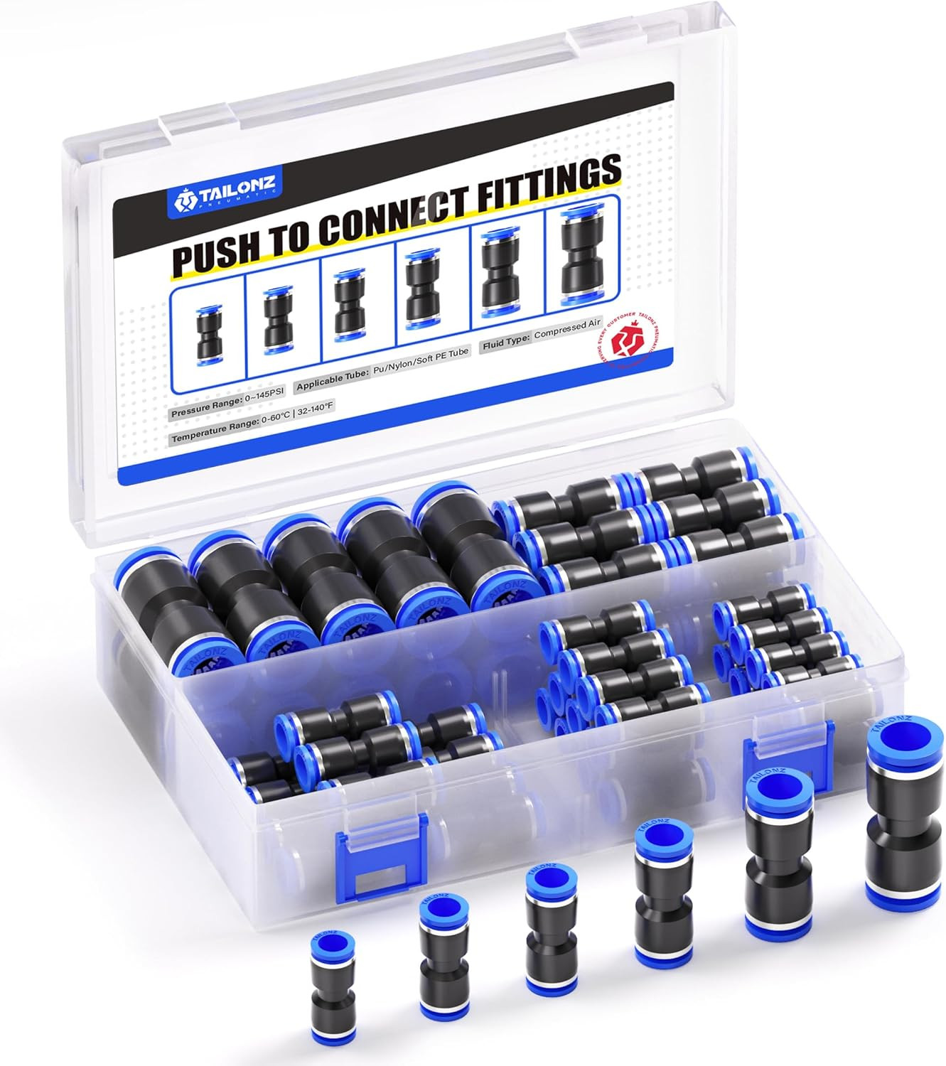 60 Pack Pneumatic Push Connect Air Fittings Set 1/8″ to 1/2″ Tube Quick Fit