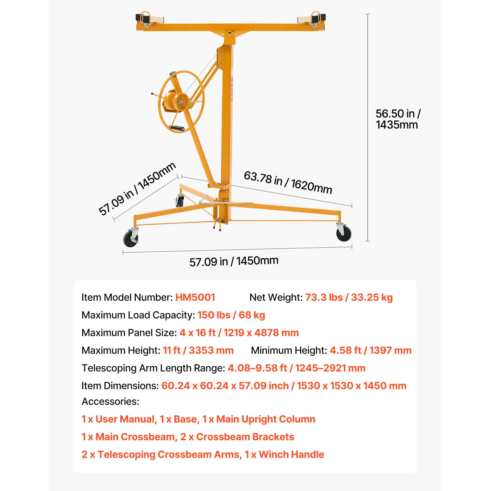 Uimoso 11Ft Drywall Lifter Sheetrock Hoist Lift Adjustable arm & Lockable Wheels