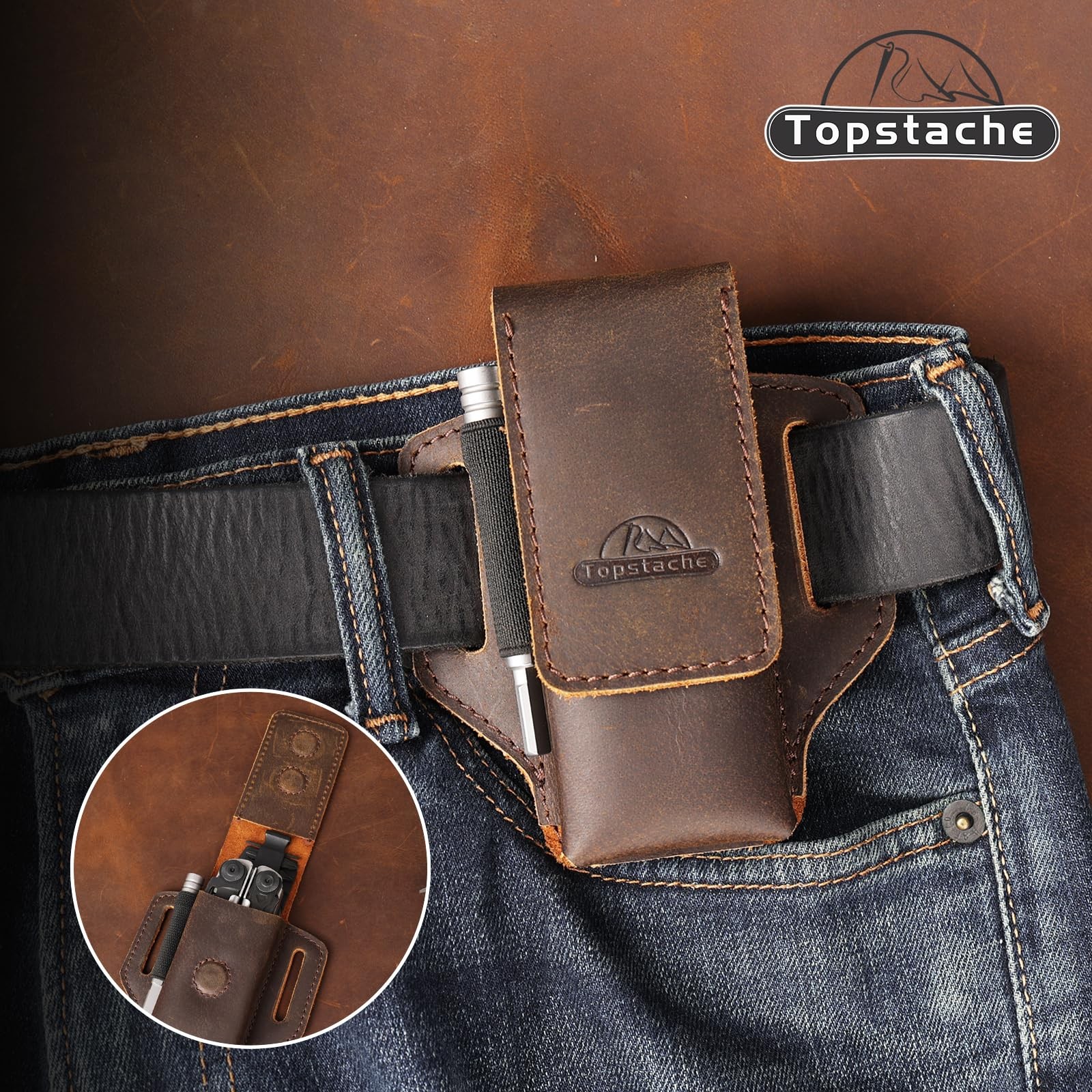 Topstache Leather Multitool Sheath for Belt – Holder – Darkbrown