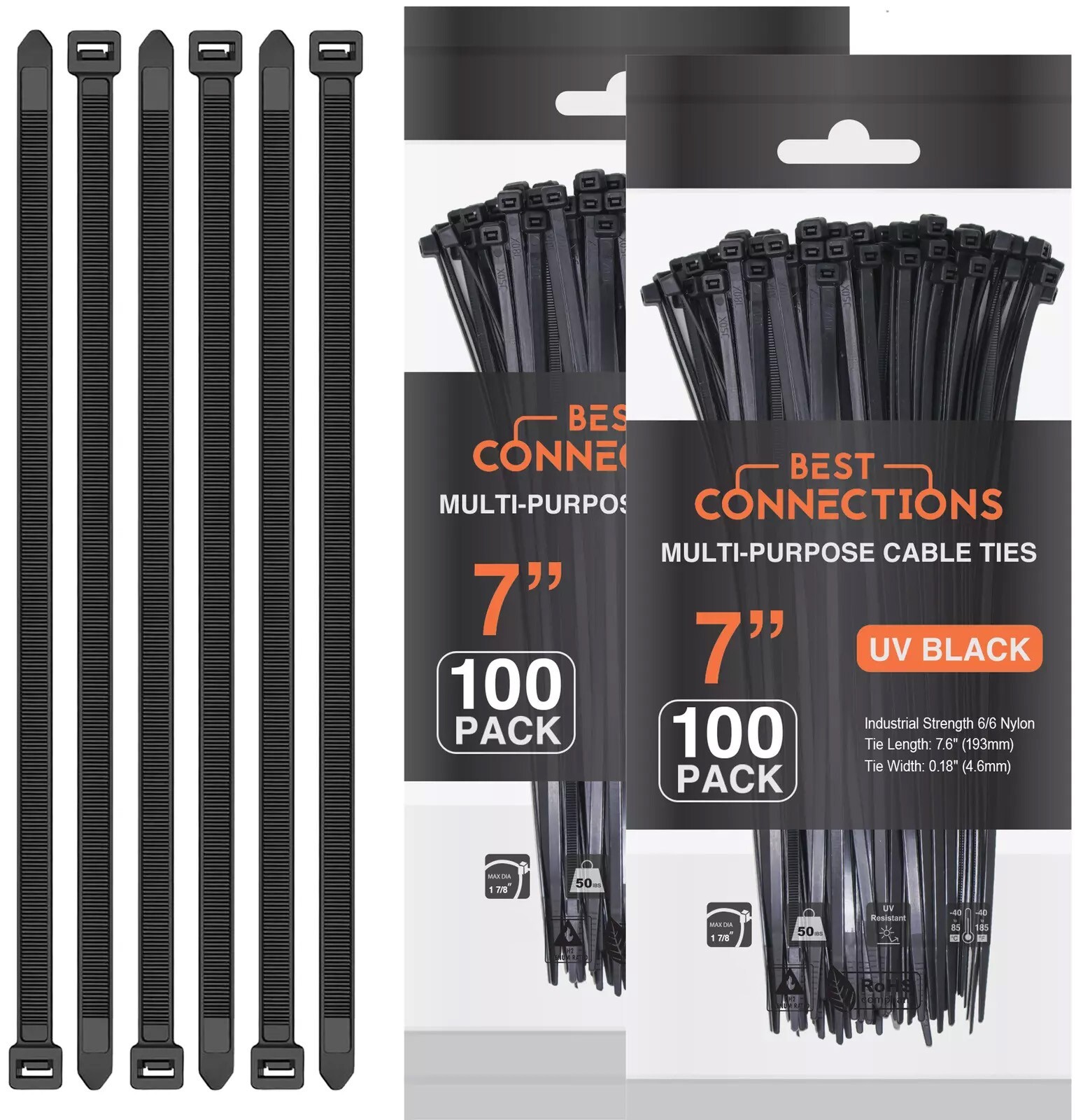 200 Pcs 7″ Inch Black Nylon Cable Straps Zip Ties Wire 50 Lbs Test