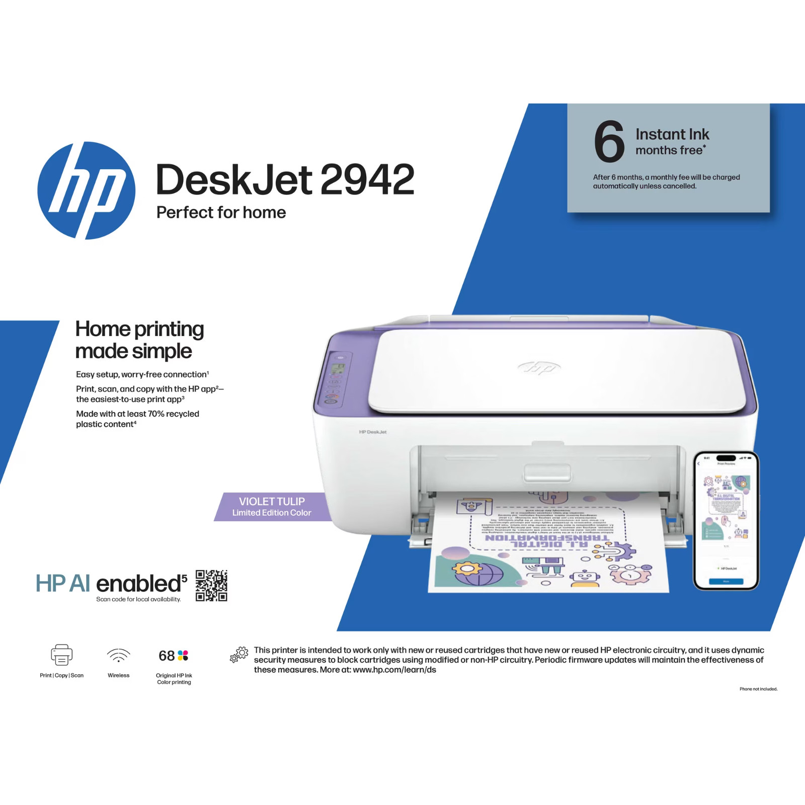 HP DeskJet 2942 Wireless Color Printer,6 Months Free Instant Ink, Violet Tulip