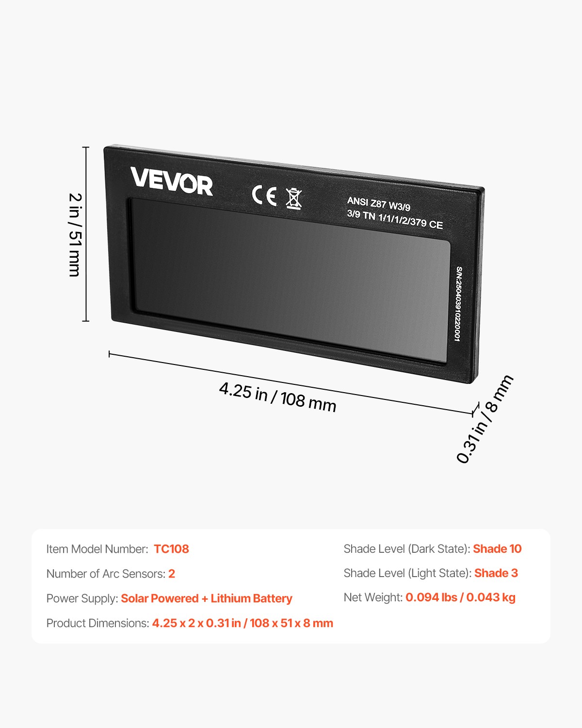 VEVOR Auto Darkening Welding Lens 4.25″ x 2″ Shade 10 True Color Welding Lens