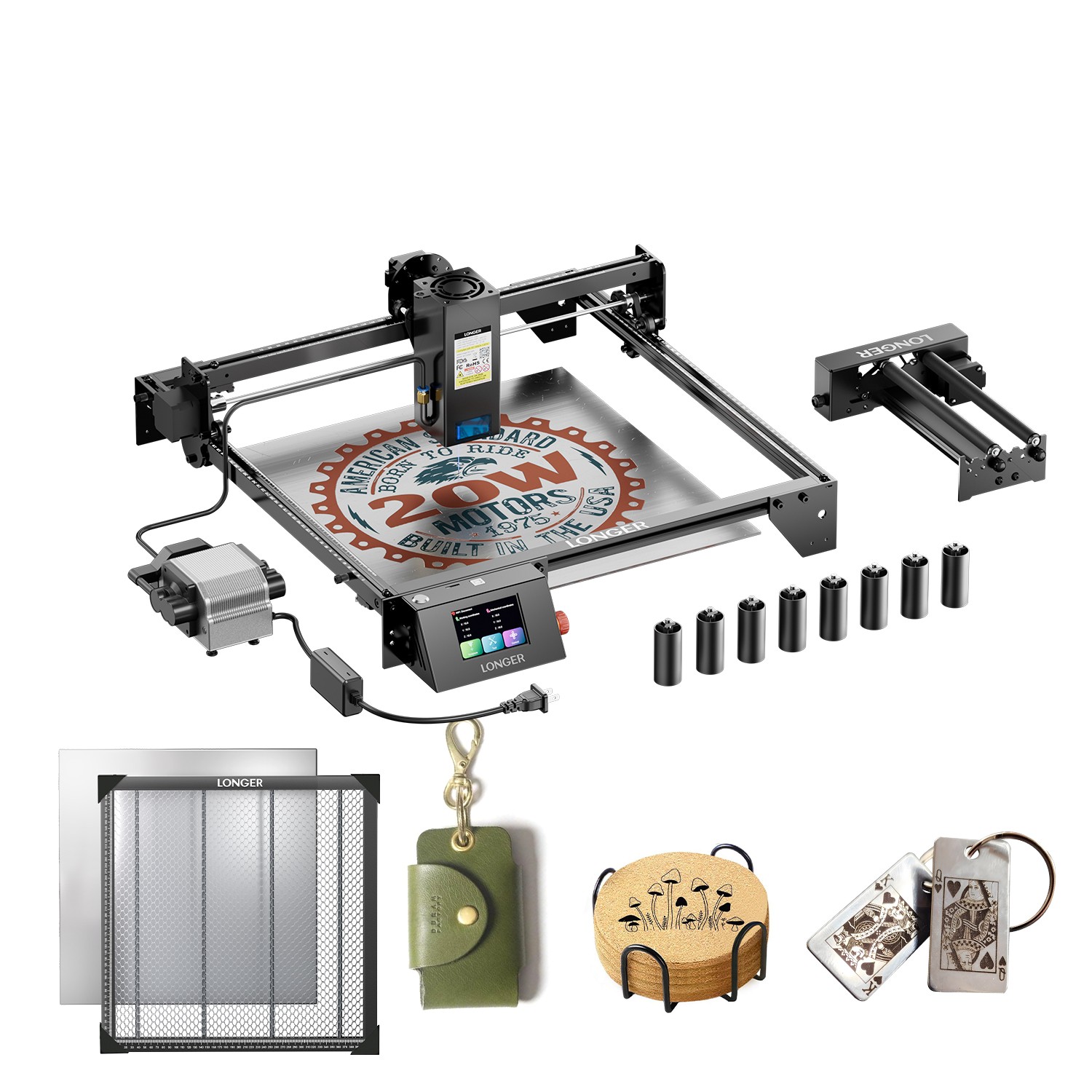 RAY5 20W Laser Engraver+Air Assist Kit+Roller kit+8 Pcs Raiser+Honeycomb 440mm