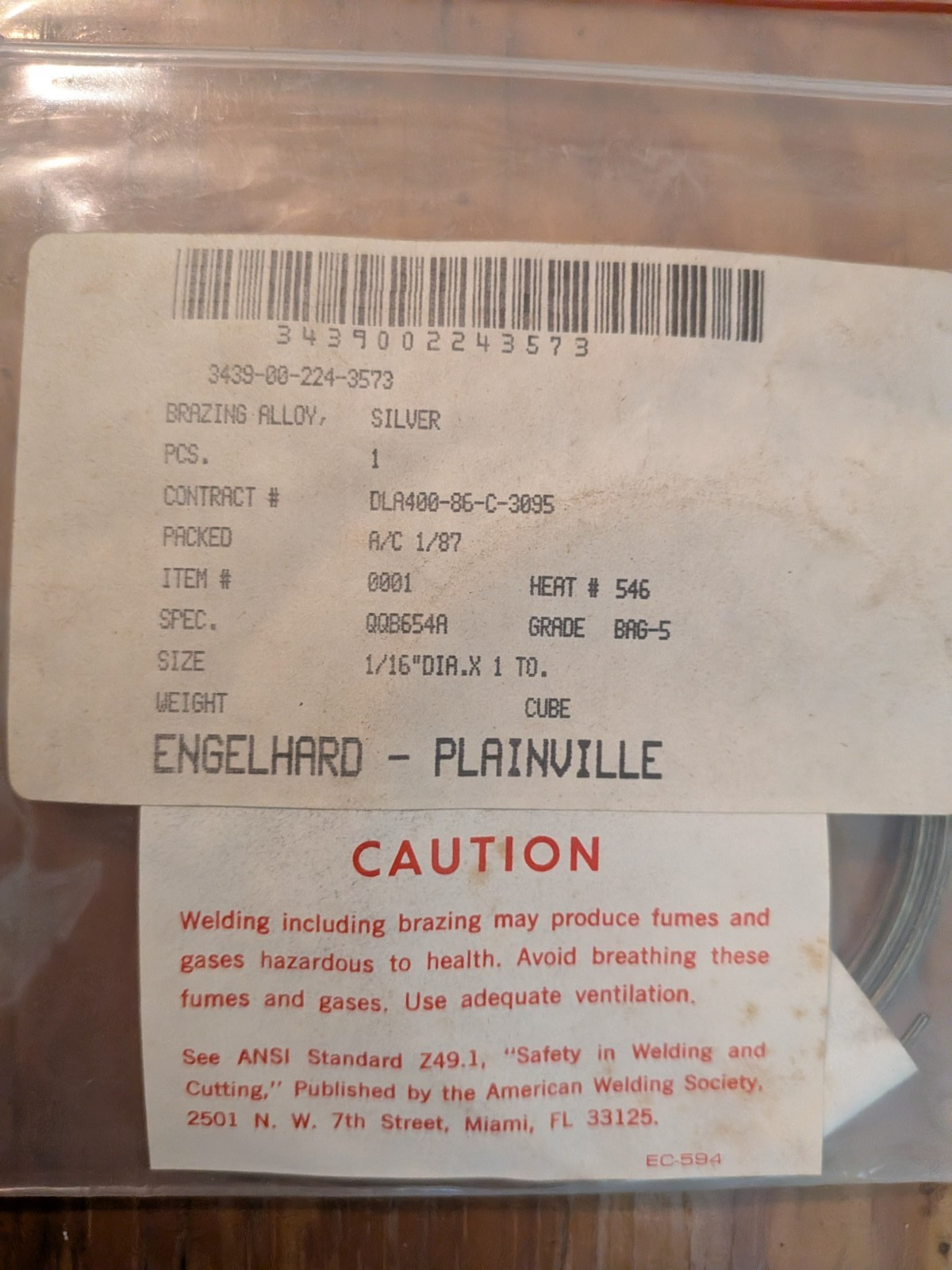 Engelhard BAg-5 45% Silver Brazing Alloy 1 Troy Oz Coil 1/16″ NOS QQ-B-654A