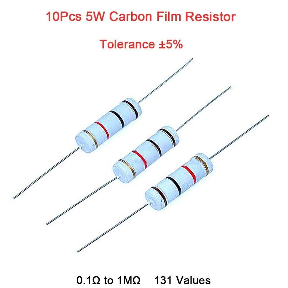 10Pcs 5W Carbon Film Resistor Range of Value 0.1Ω to 1MΩ Tolerance ±5%