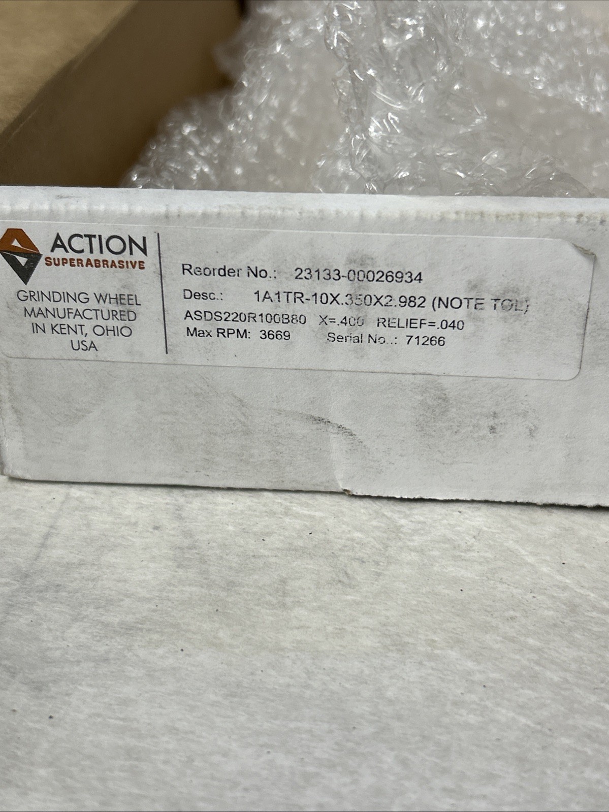 Action Superabrasive Grinding Wheel 1a1tr-10x.350×2.982 . 23133-00026934 Asds220