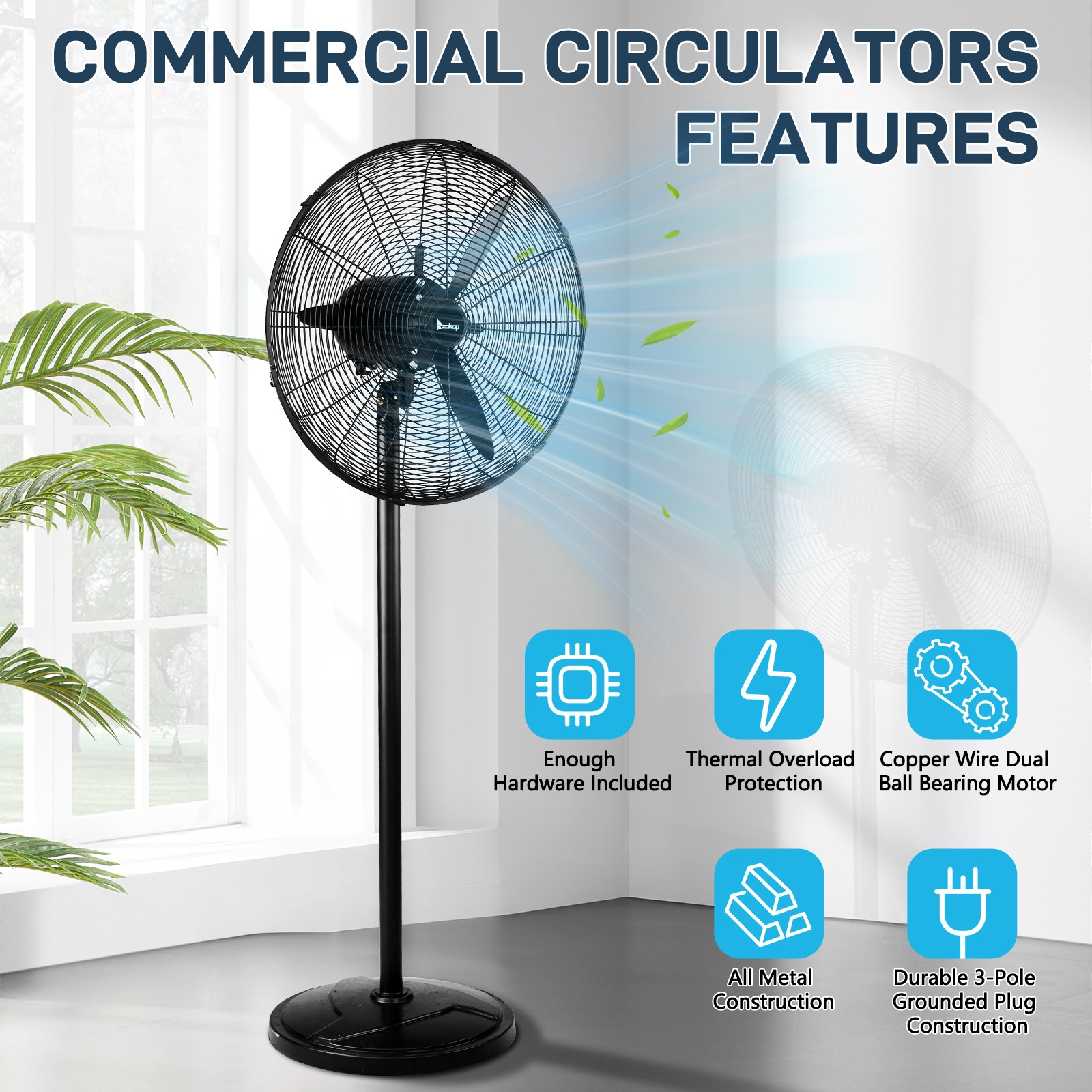 20″ High Velocity Industrial Pedestal Fan, 5000CFM Oscillating Fan With 4-Speeds