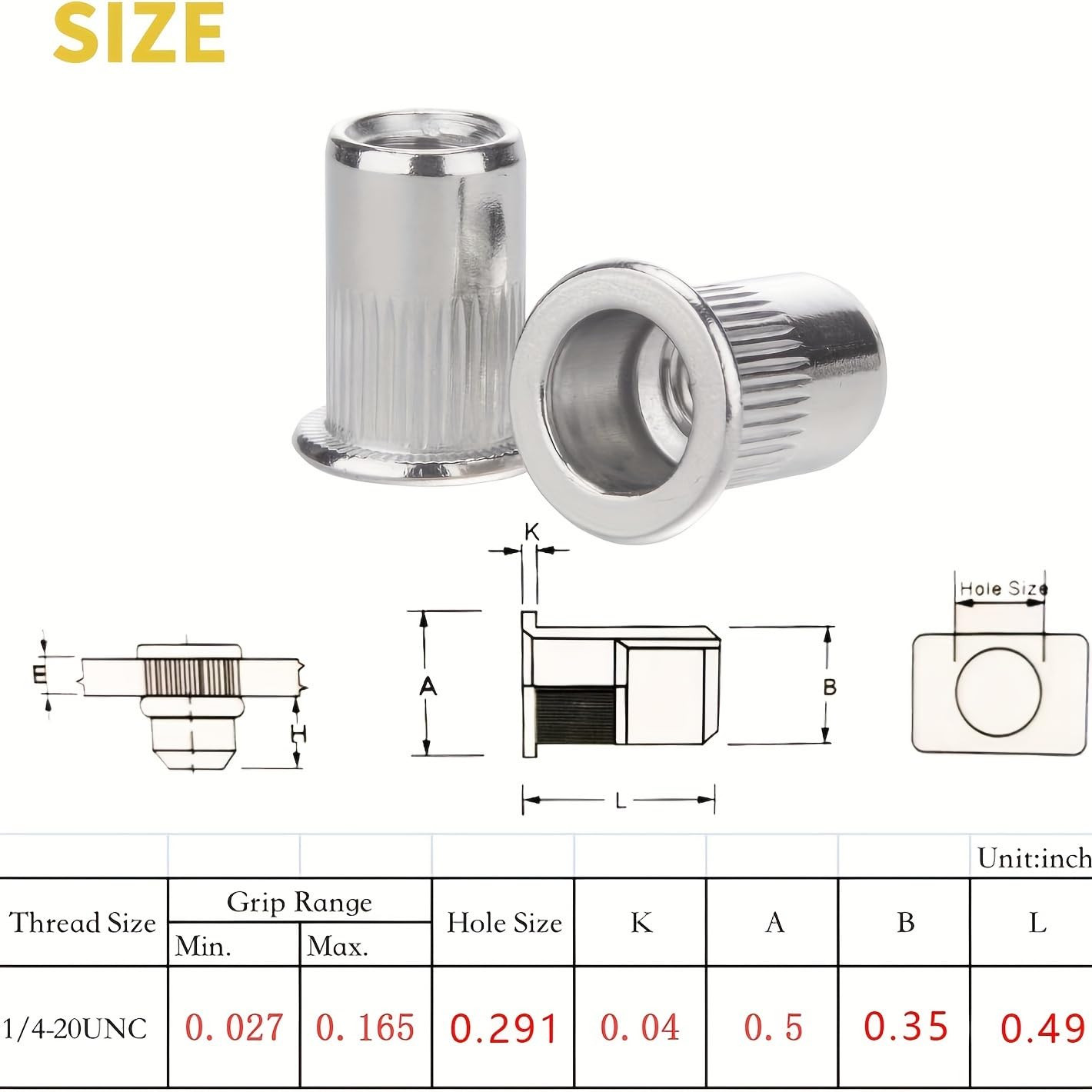 60Pcs 1/4-20 UNC Stainless Steel Rivet Nuts for Automotive and Furniture