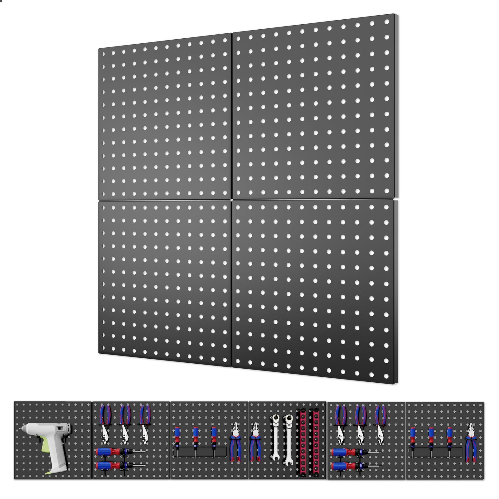 4 PCS 12×12 Inch Heavy Duty Black Metal Pegboard Panels Wall Organizer Garage