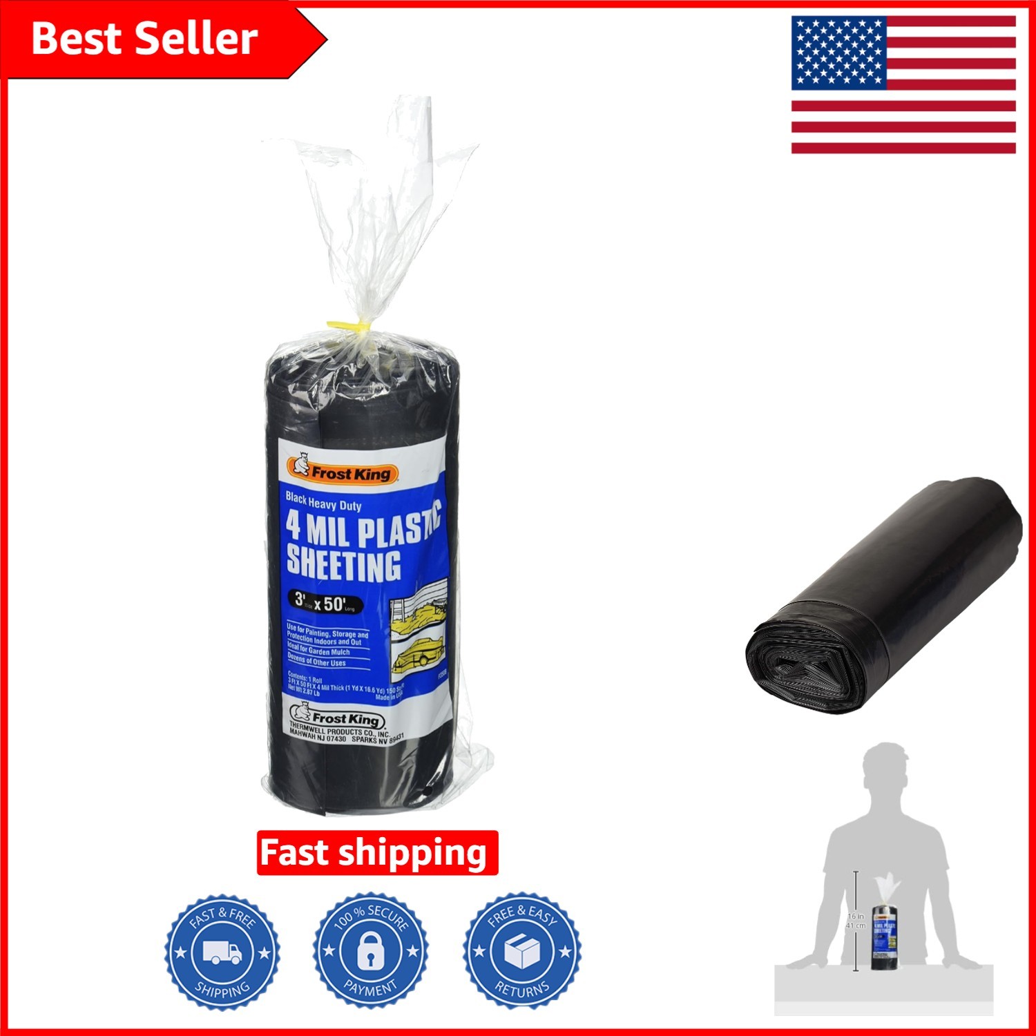 350B Black Polyethylene Sheeting, 3′ x 50′ x 4 Mil – Heavy Duty, Water Resistant