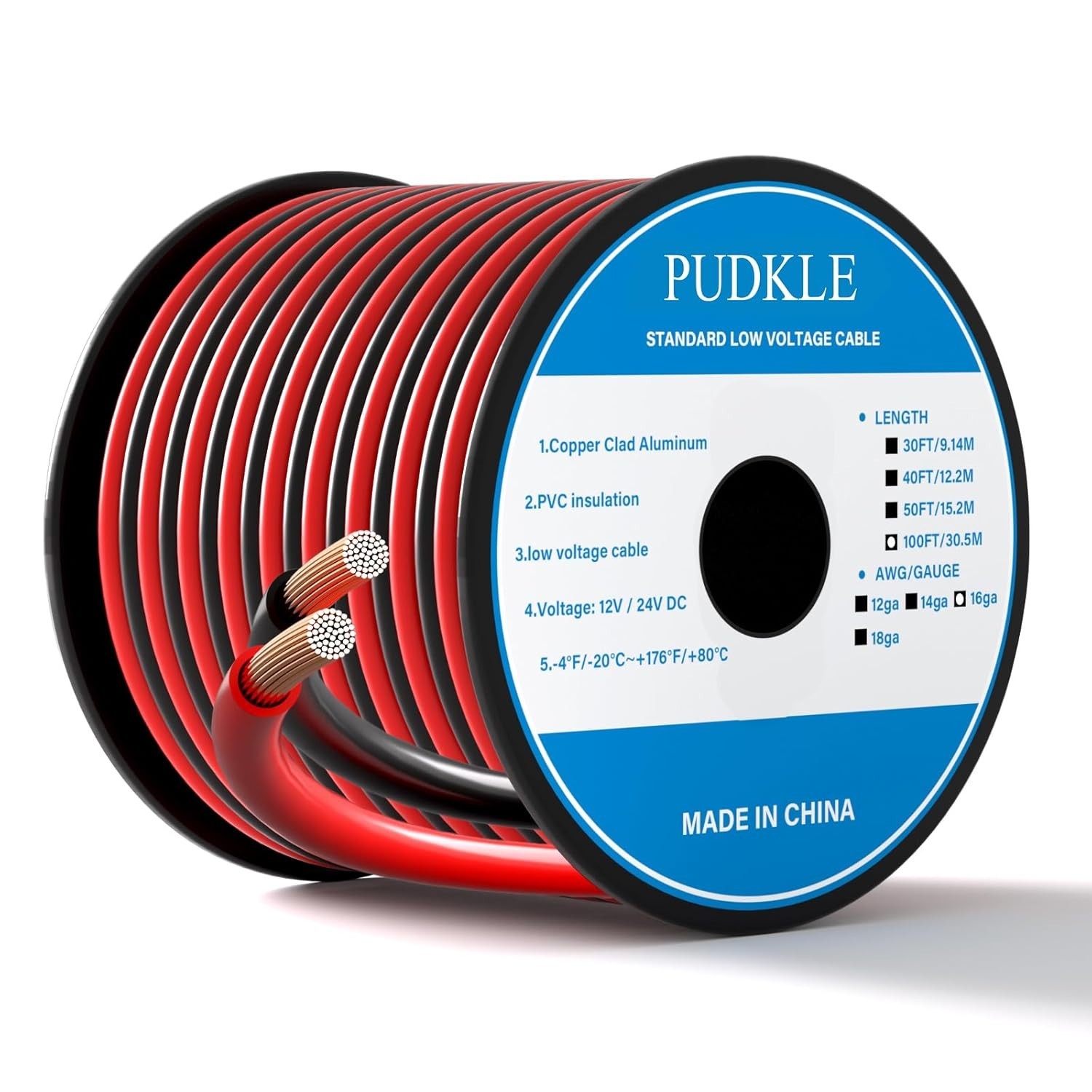 16 Gauge/16 AWG Copper Clad Aluminum 2 Conductor Red Black Electrical Wire 100FT