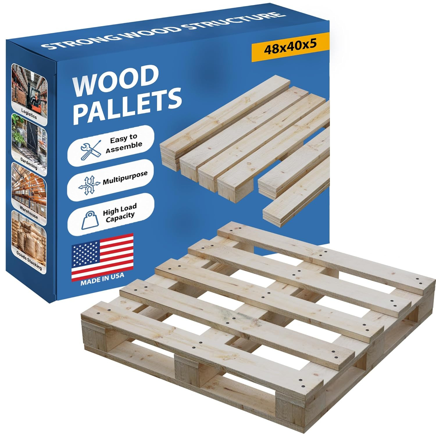 Heavy-Duty Wooden Pallet Kit, 48×40, 2-Pack, Stackable & Reusable