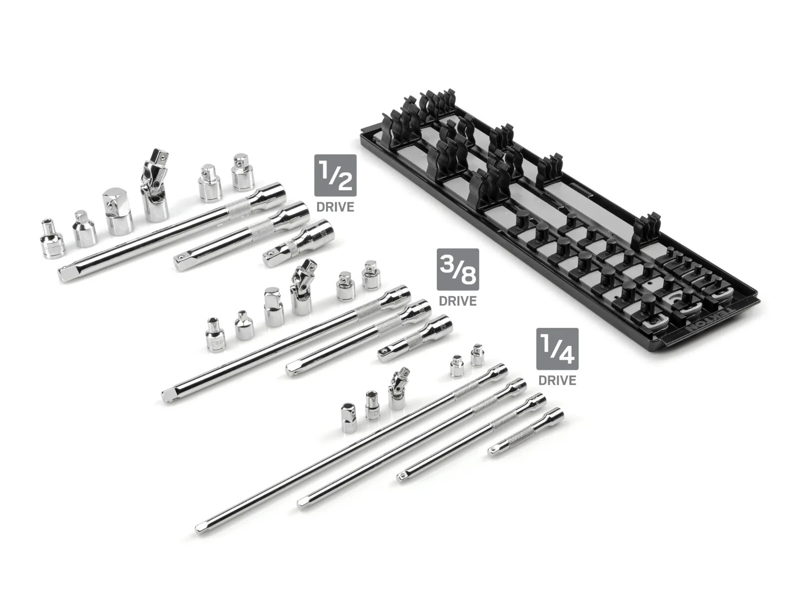 Tekton 1/4, 3/8, 1/2 Inch Drive Extension and Accessory Set with Rails and Tray