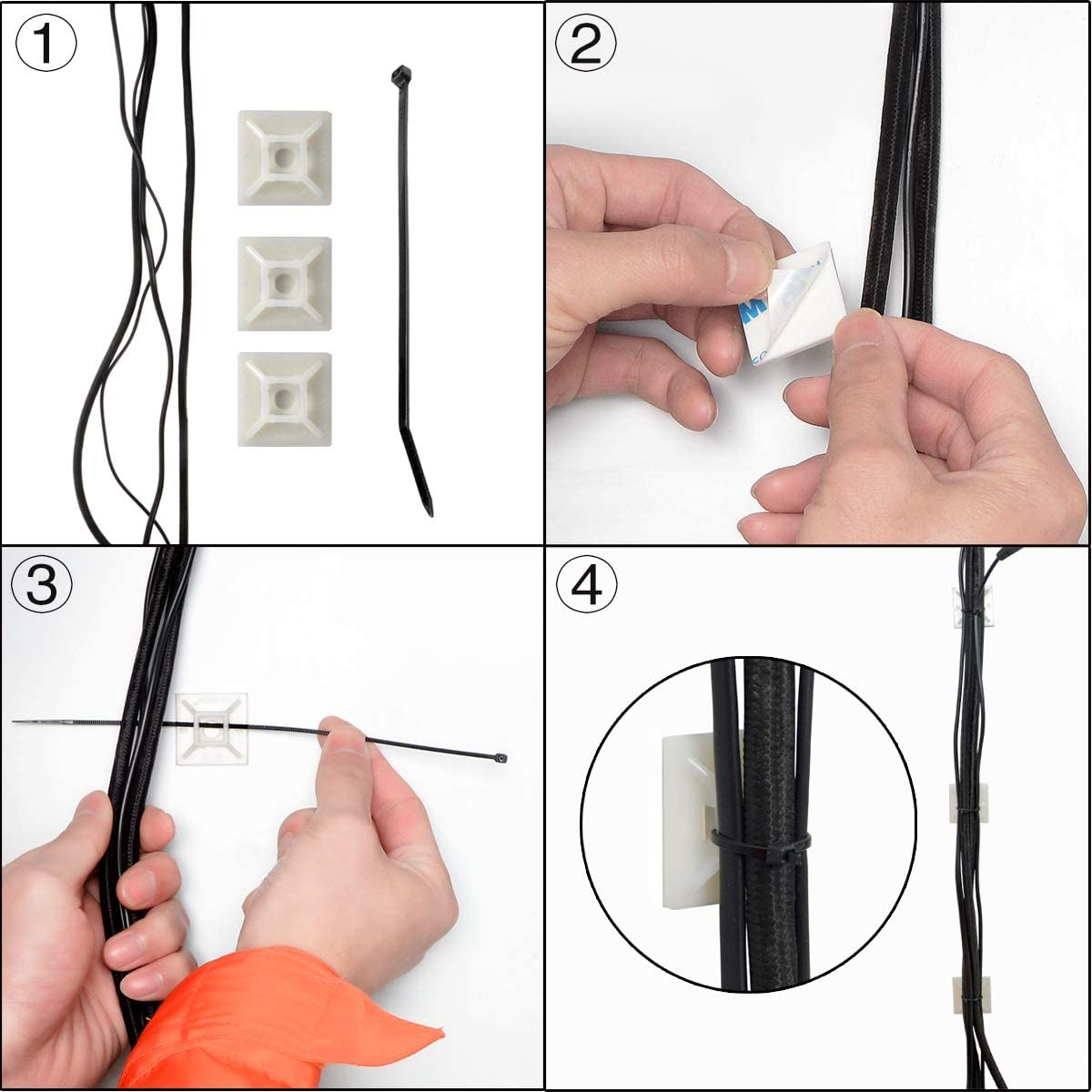 200 PCS 1/2″ Black 3M Back-Glue Self Adhesive Cable Zip Tie Mounts Wire Cable Cl