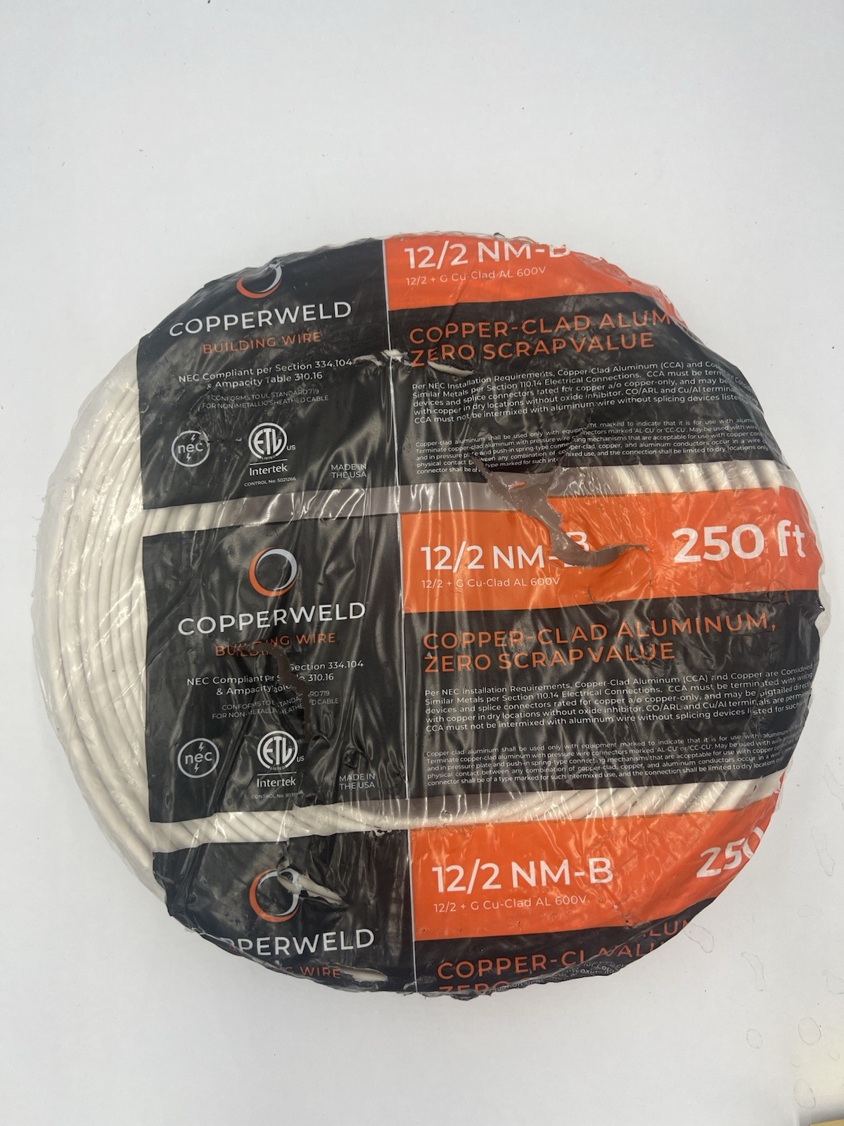 COPPERWELD 12/2 NM-B 250 ft, Copper Clad Aluminum, Non-Metallic Sheathed Cable.