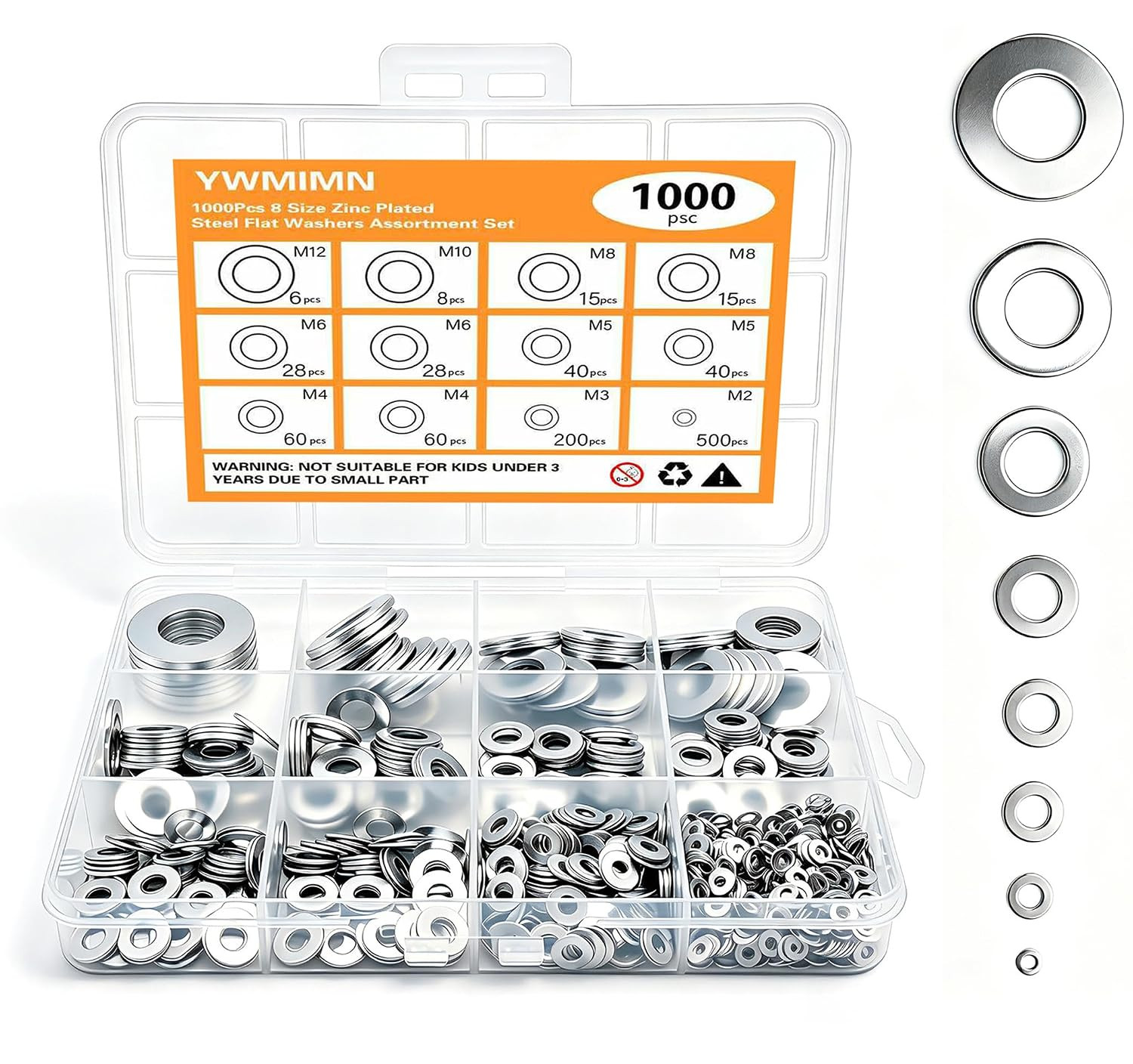 1000Pcs Metric Flat Washers Assortment Kit Zinc Plated Steel M2 to M12 Hardware