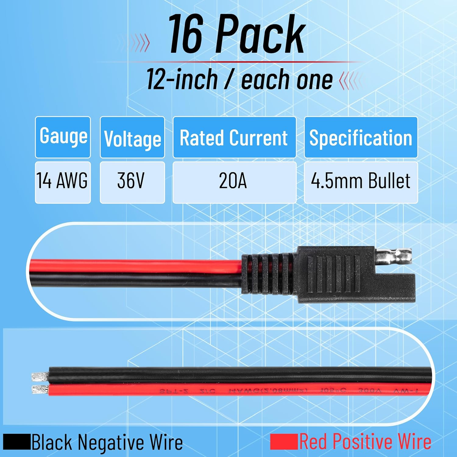 16 Pack SAE Connector 12 Inch 14 AWG Copper Wire 2 Pin Single Plug Connector