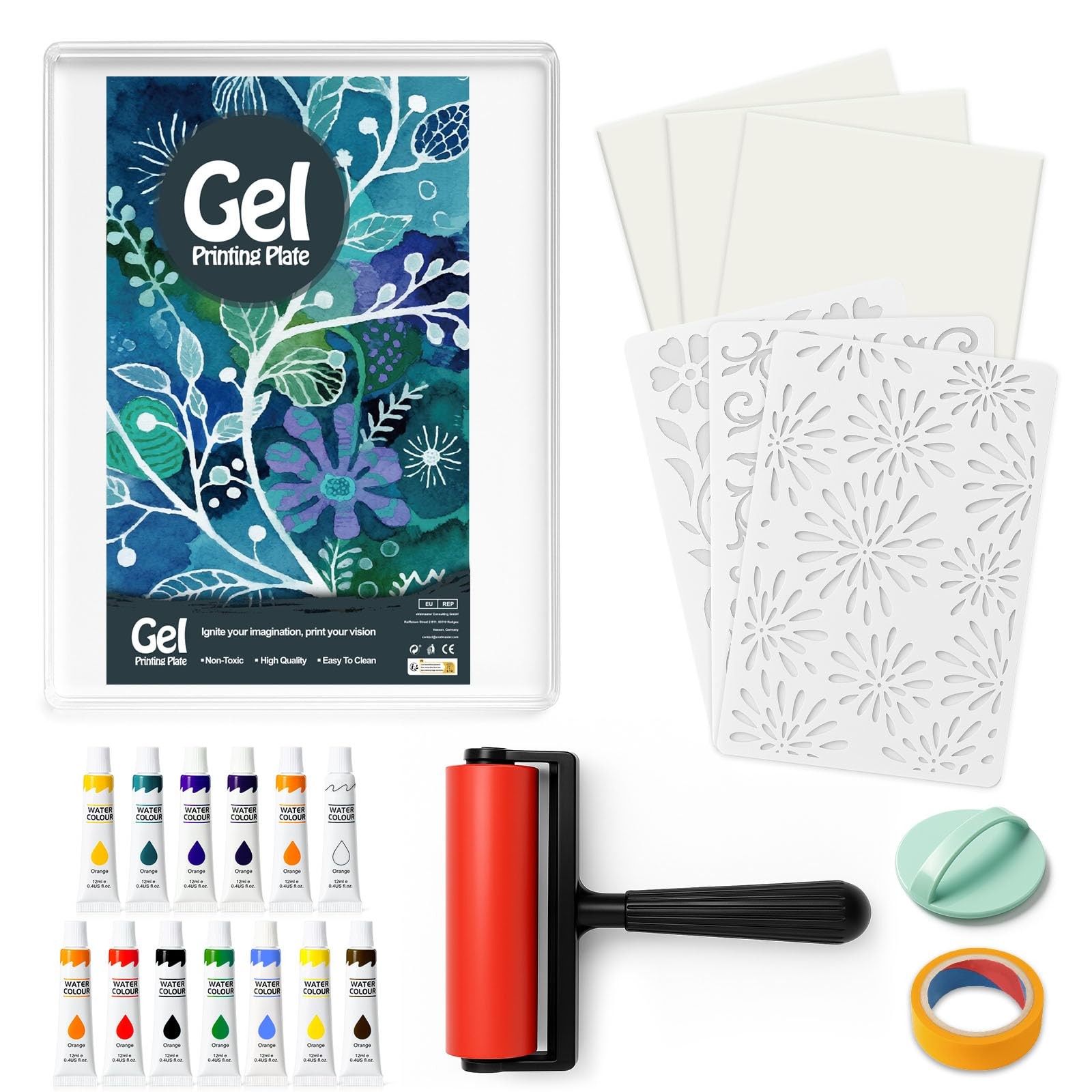 5×7 Inch Gel Plate Printing Kit Rubber Roller Watercolor Paints Stencils