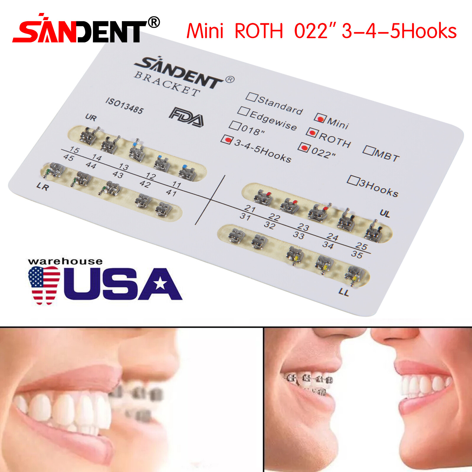 10Packs Dental Orthodontic Metal Brackets Braces Mini Roth.022 Hooks 345 Ortho