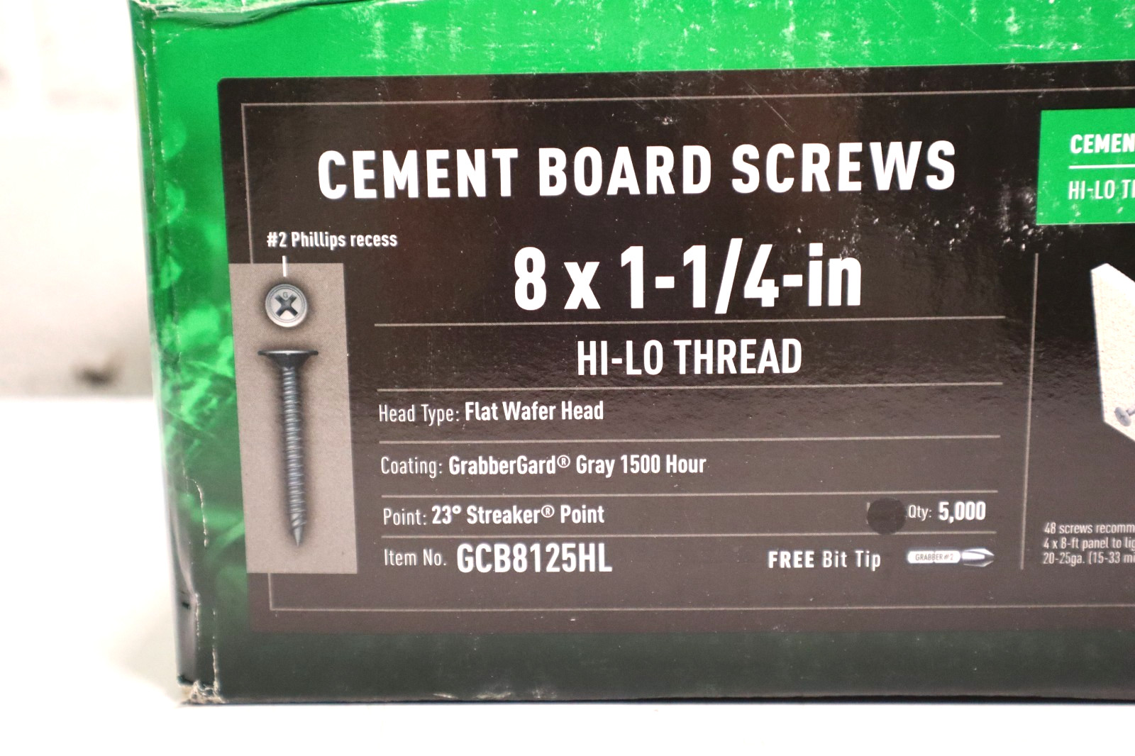 Grabber #8 x 1 1/4 in Phillips Flat Wafer Head, Cement Board Screws, 5000