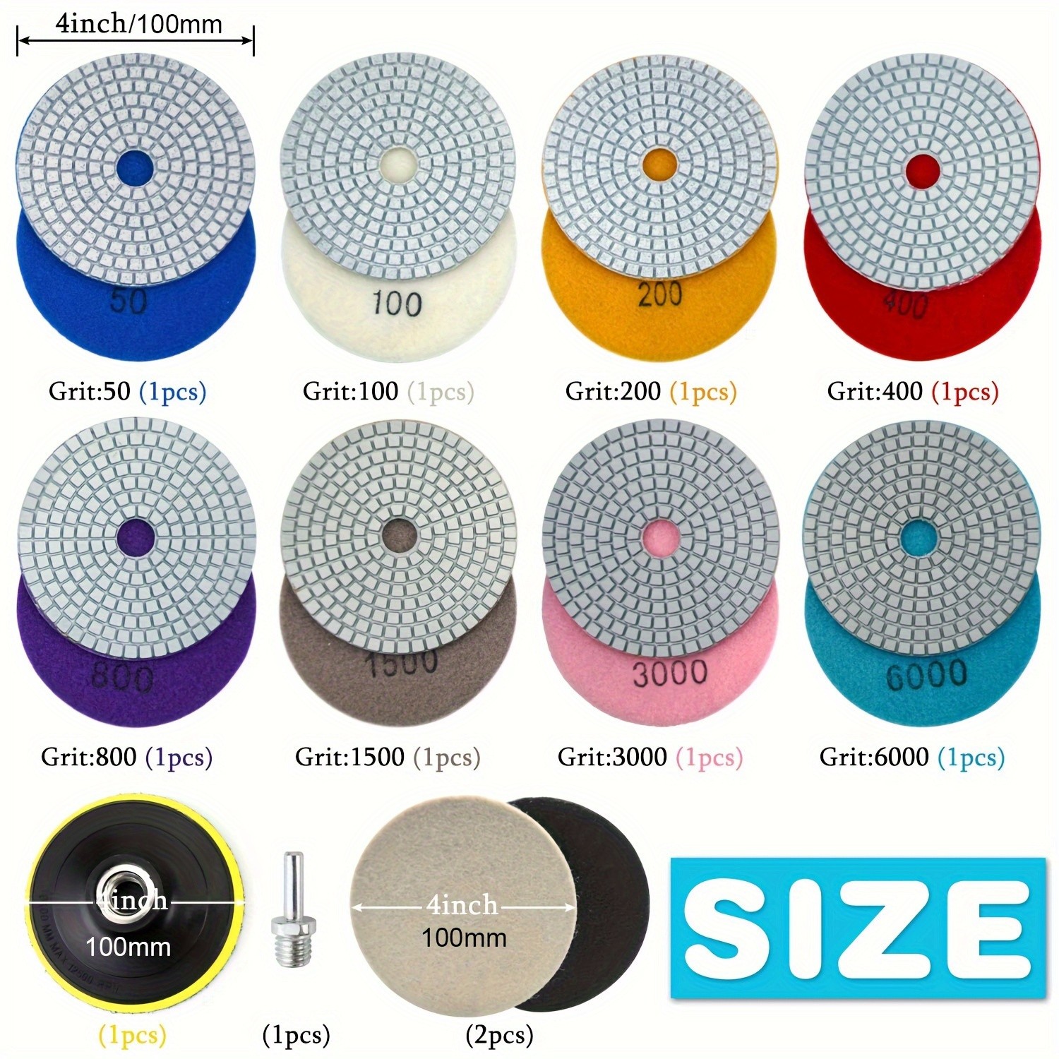 4″ Diamond Polishing Pads 50-6000 Grit Polishing Pad for Drill Grinder Polisher