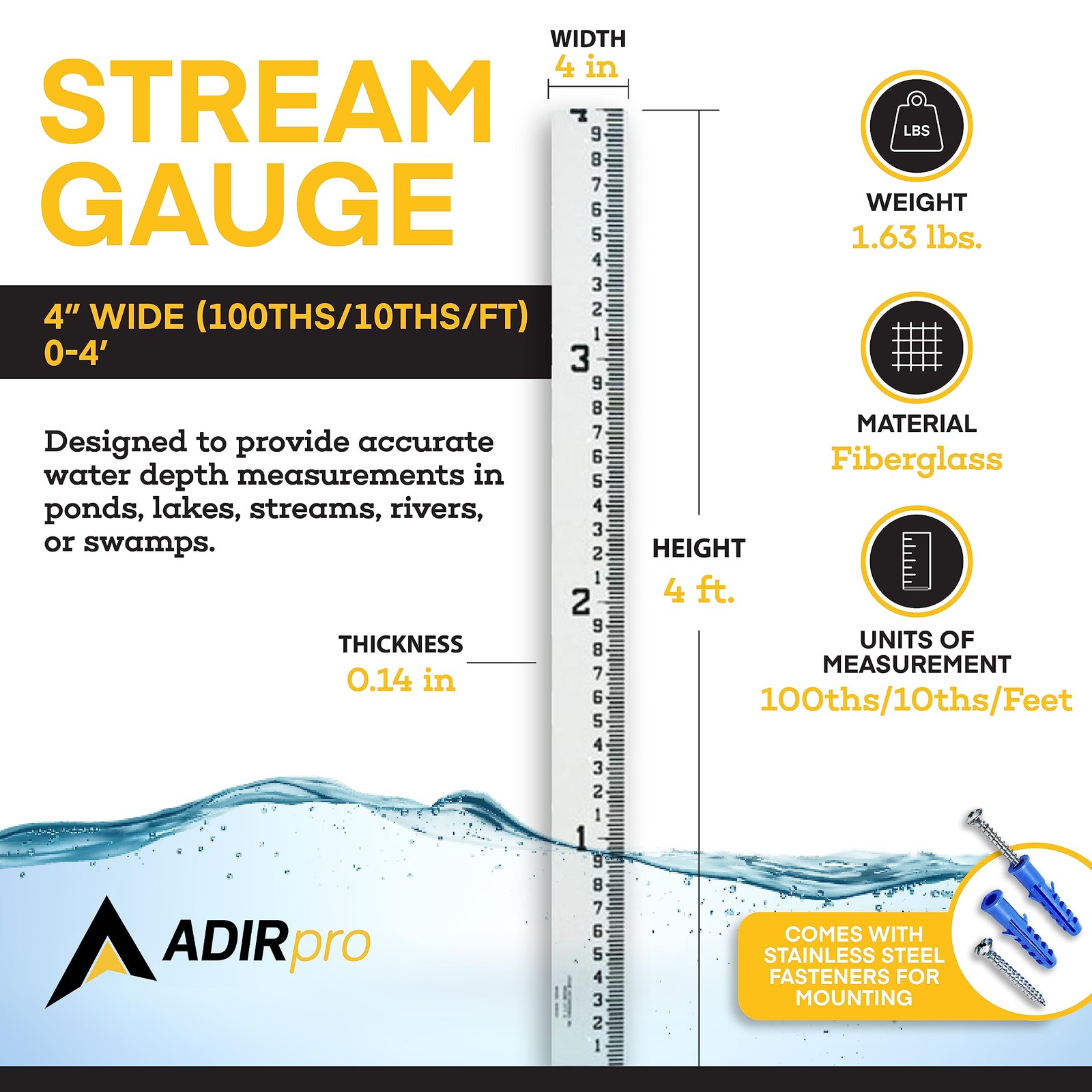 4 Wide Stream Gauge Heavy Duty Staff Gauge All Weather Gauge Water Depth Gauge