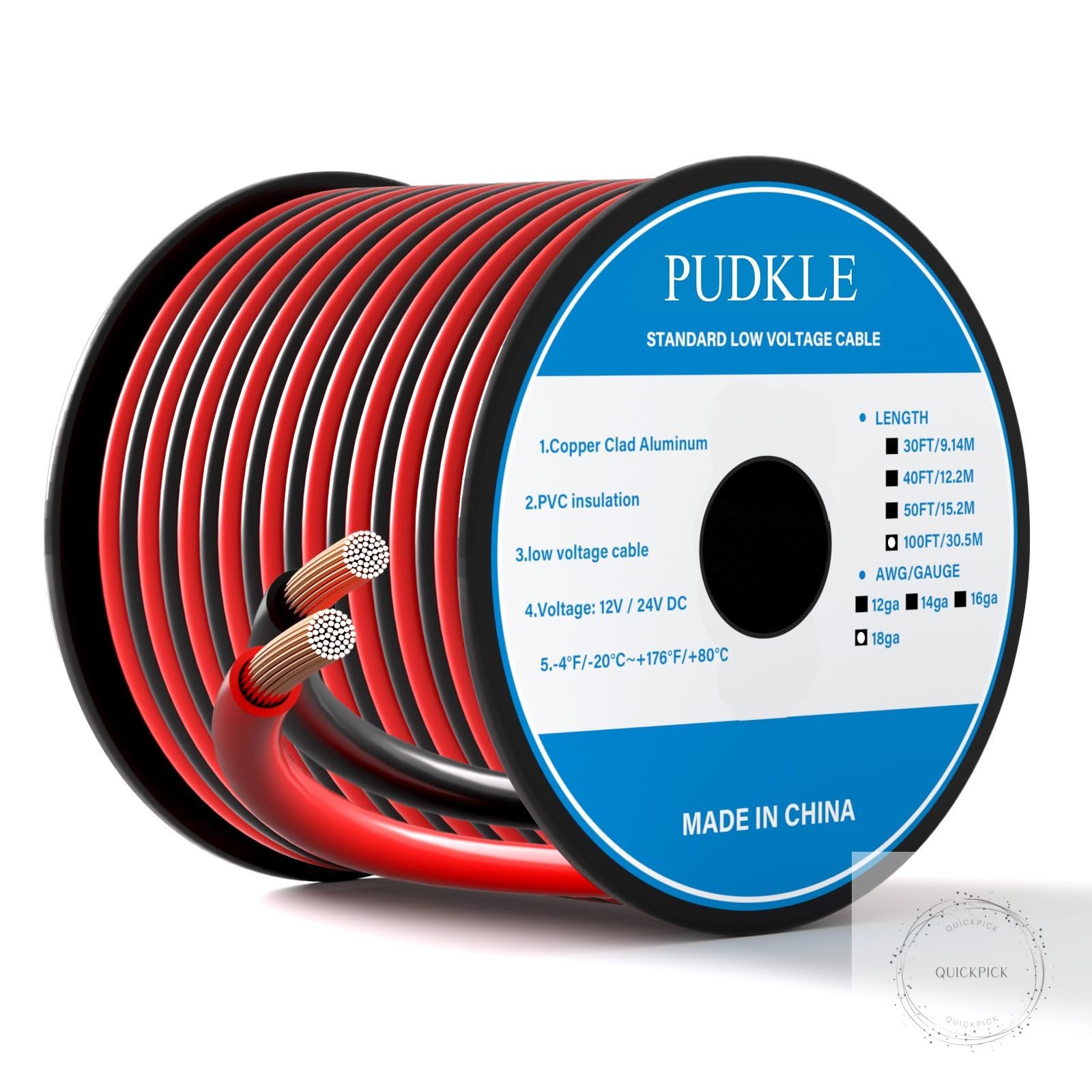 18 Gauge/18 AWG Copper Clad Aluminum 2 Conductor Red Black Electrical Wire 100FT