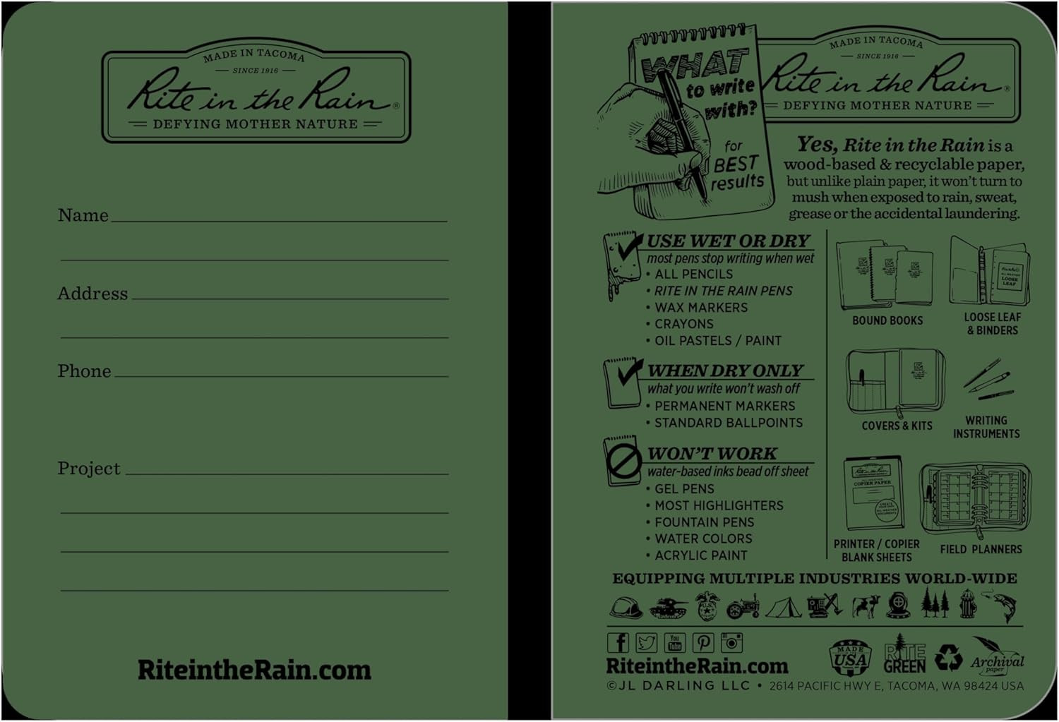 Weatherproof Mini Stapled Notebook, 3.25″ X 4.625″, Green Cover, Universal Patte