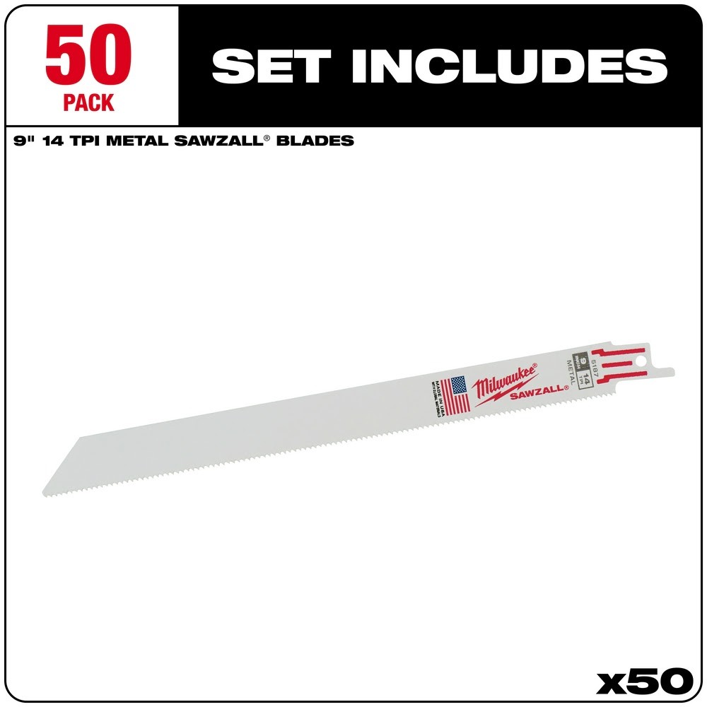 Milwaukee 48-01-6187 9″ x 14TPI Bi-Metal Super Sawzall Blade 50-Pack