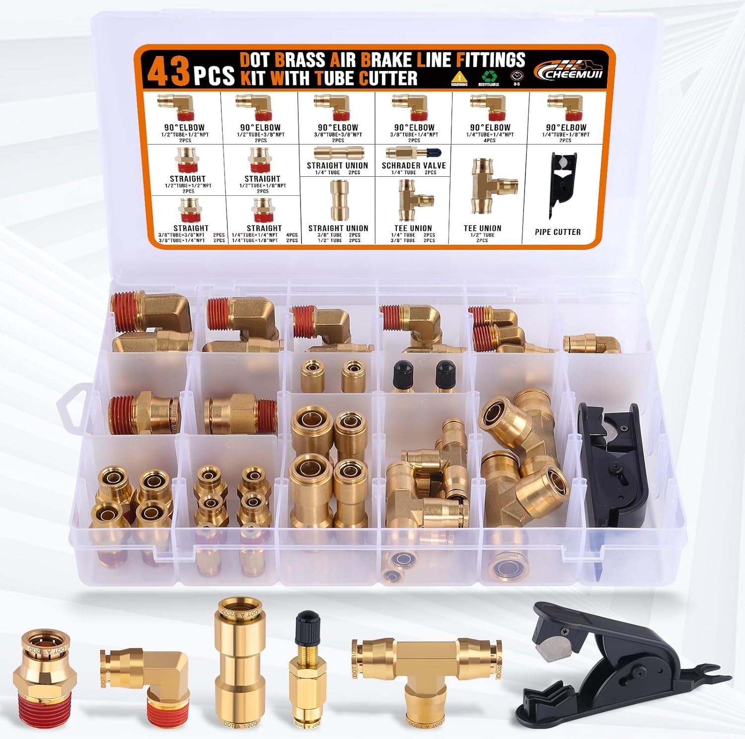 43 PCS Brass DOT Air Brake Line Fittings 1/4″ 3/8″ 1/2″ Push to Connect Fittings