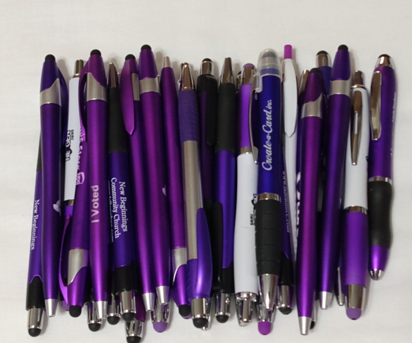 30ct Mixed Lot Misprint Retractable Click Pens w/Stylus: PURPLE/ VIOLET/LAVENDER