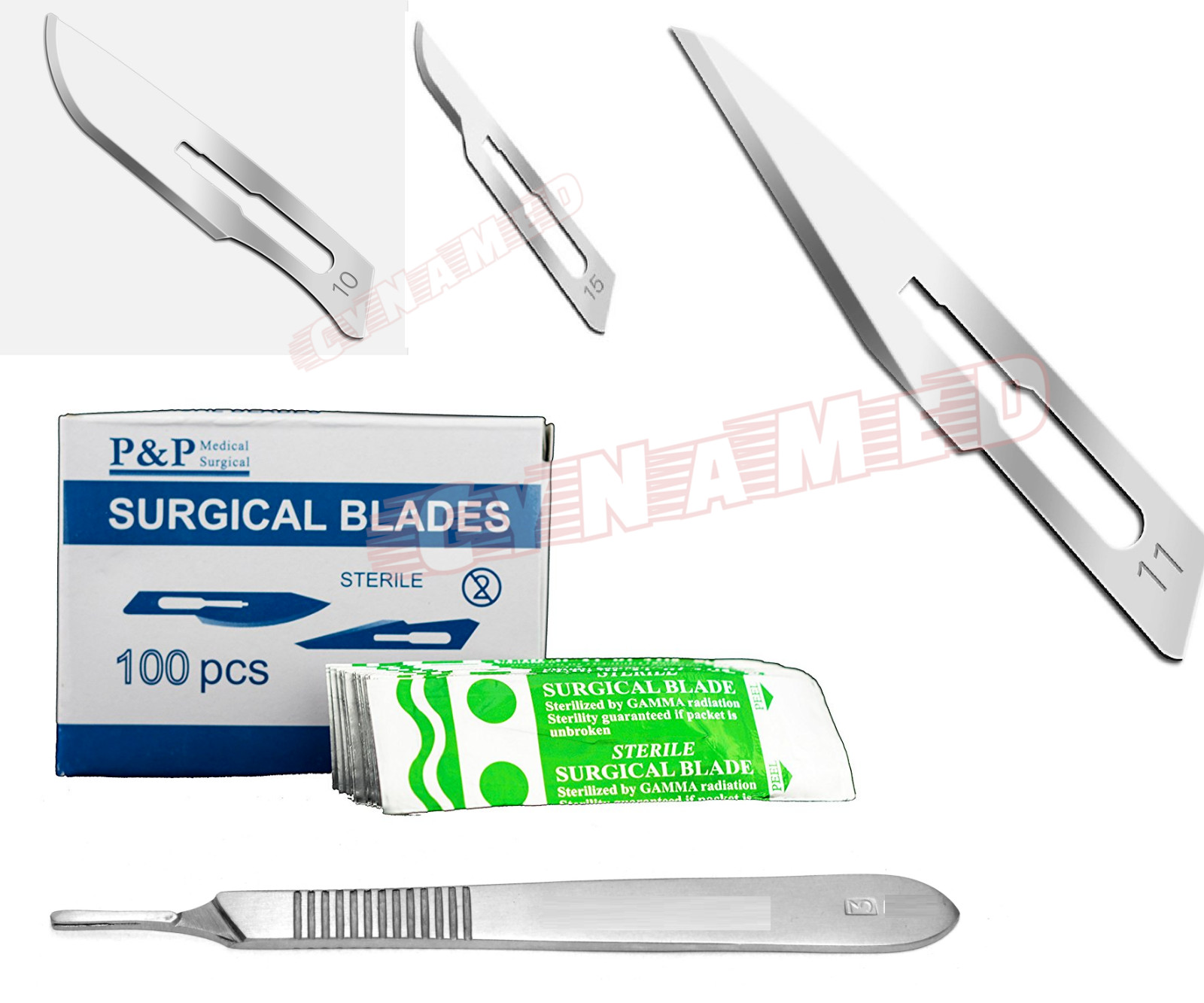 100PCS #10 + #11 + #15 SCALPEL BLADES + HANDLE #3 SURGICAL DENTAL DERMAPLANING