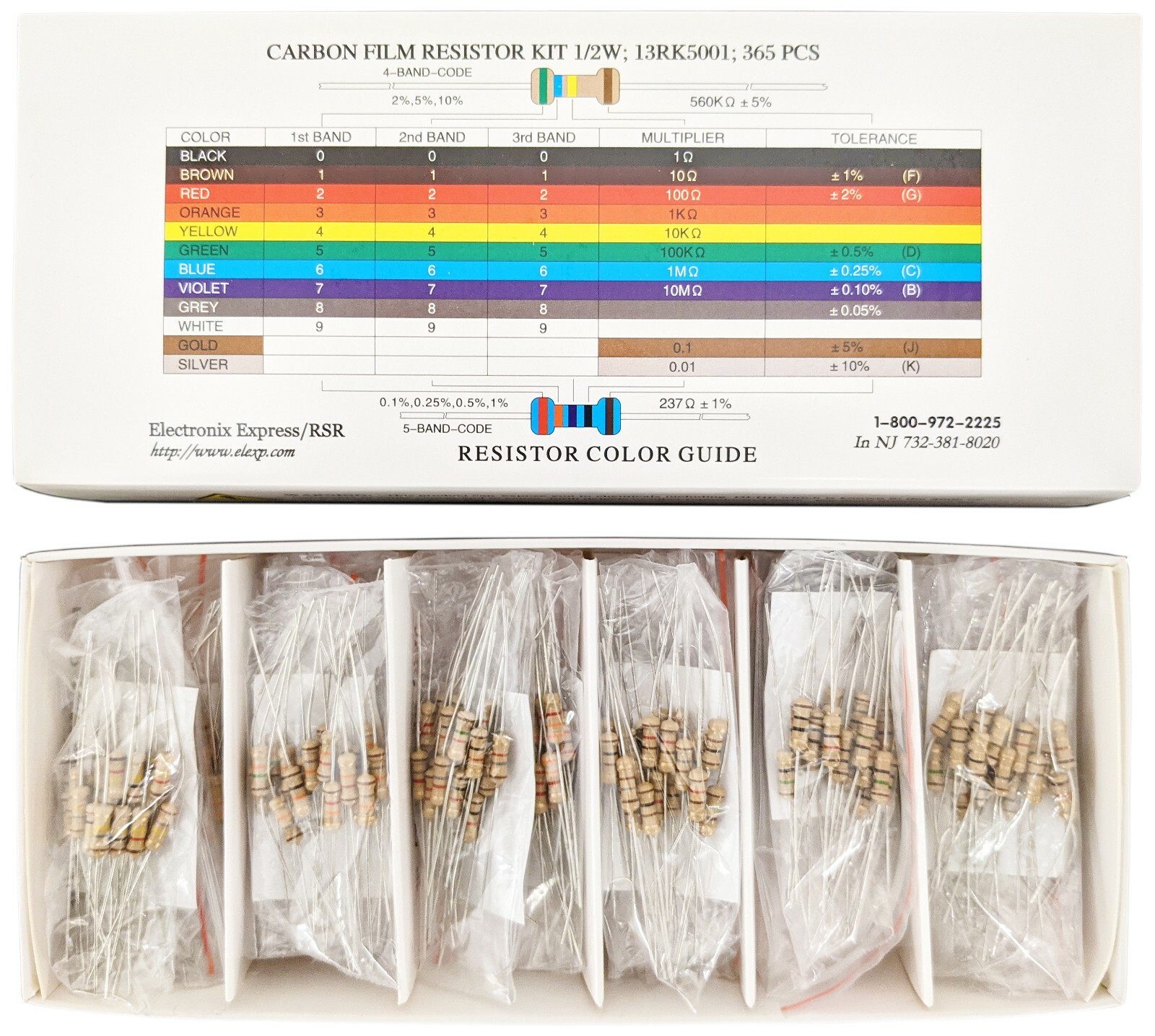 365 Piece 1/2 Watt Resistor Kit Assortment in Compartmentalized Storage Box