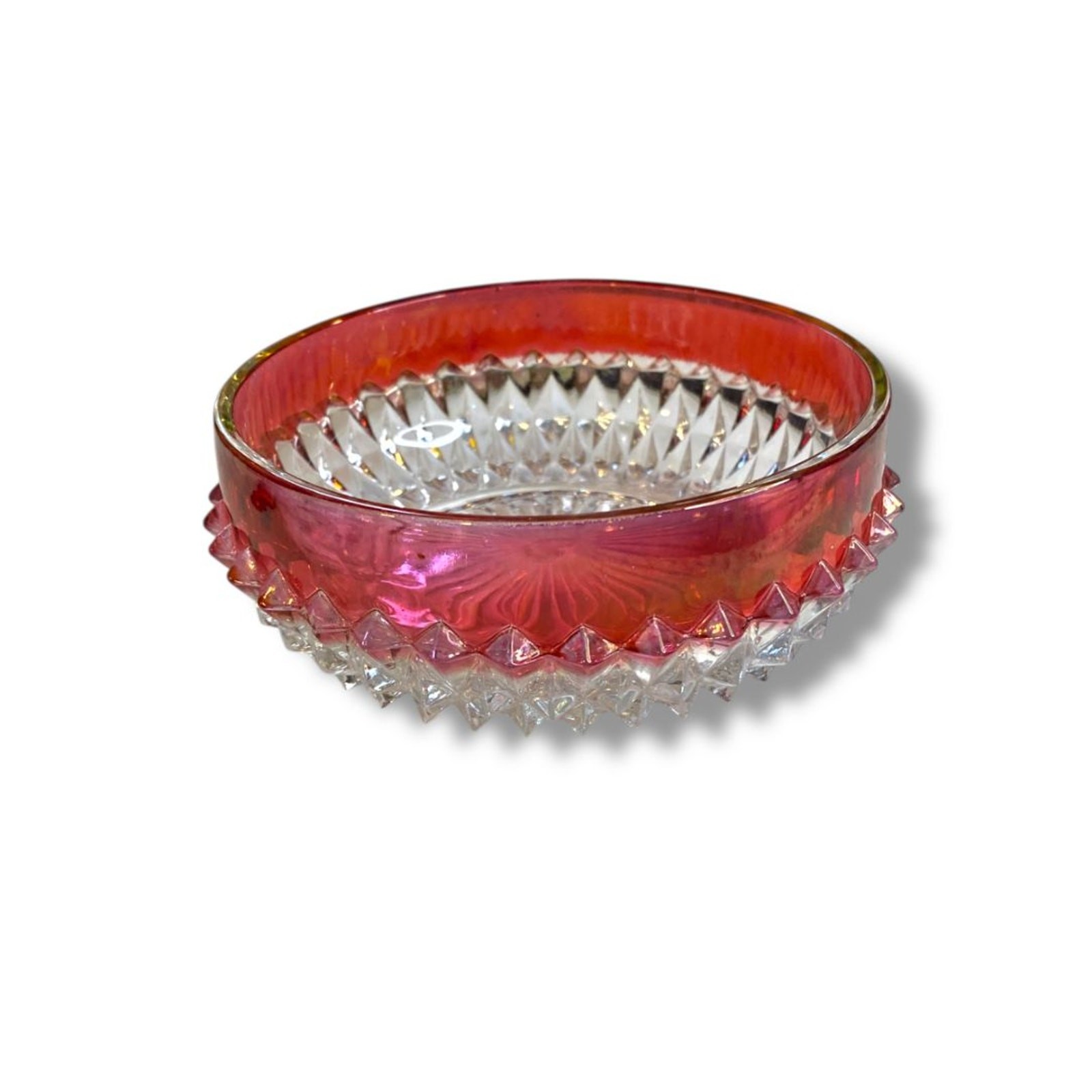 Vintage Indiana Glass Diamond Point Ruby Red Flash Candy Dish Bowl 5″