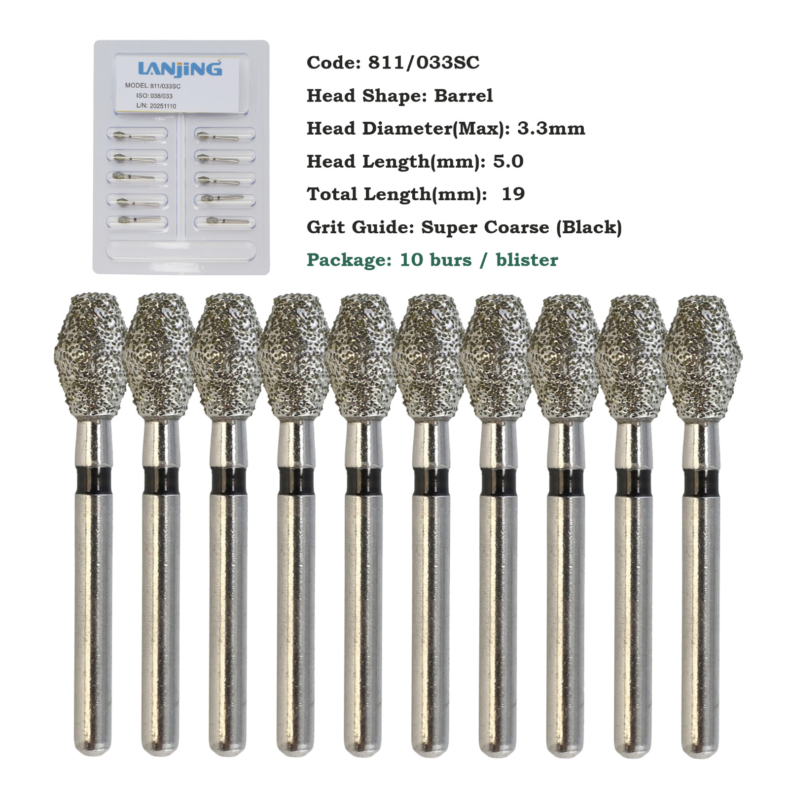 Dental Diamond Burs Barrel Shape 811/038SC 032SC Super Coarse Grit FG High Speed