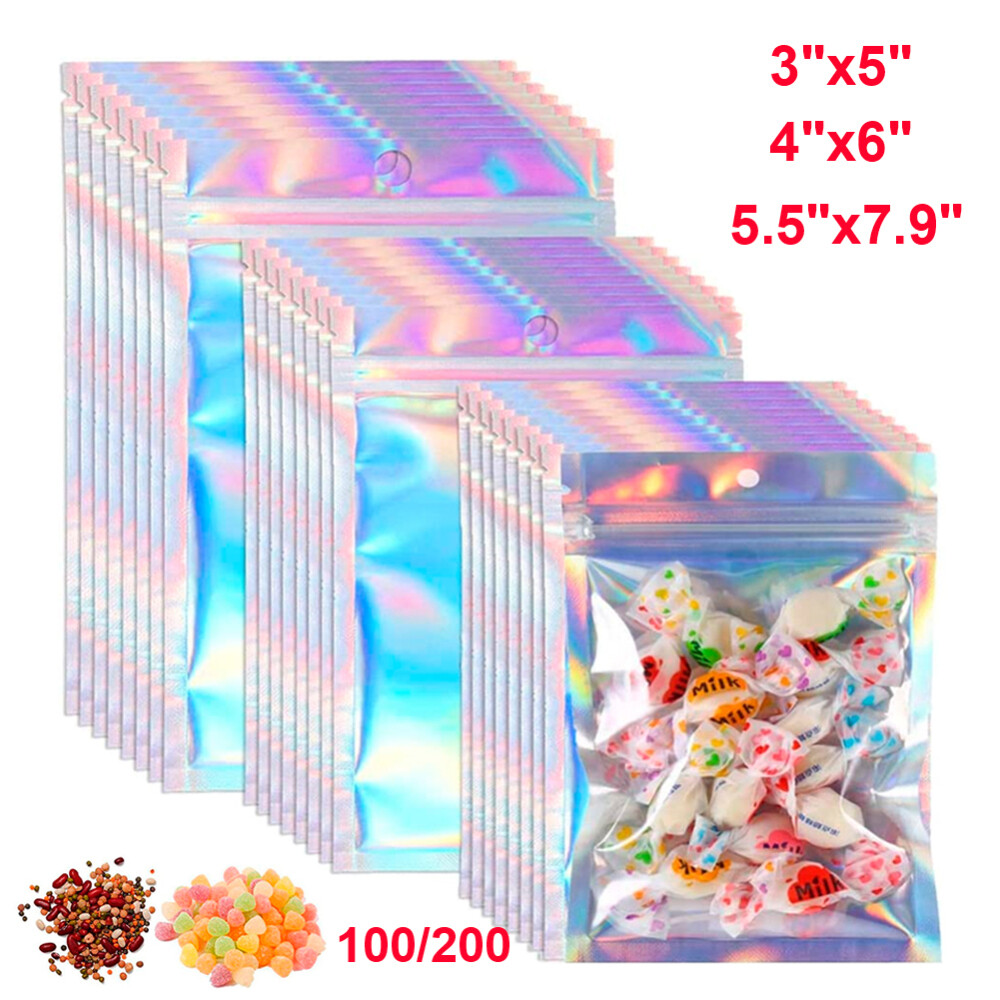 100/200 Resealable Holographic Mylar Foil Bags Zip Lock Pouch Clear Front 3 Size