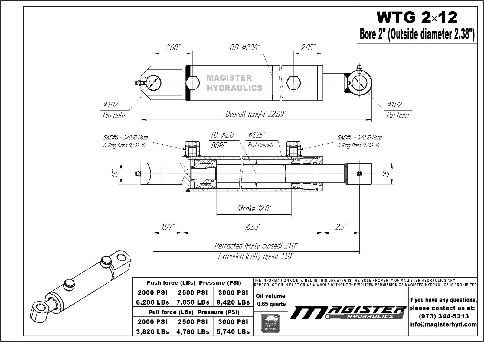 Hydraulic Cylinder Welded Double Acting 2″ Bore 12″ Stroke Tang 2×12 WTG NEW